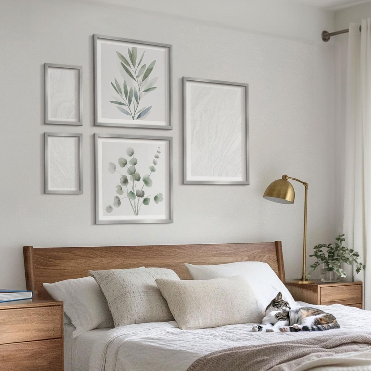 BILDER SET 5er Set - 50x50 cm & 20x30 cm & 40x60 cm Silberner Rahmen - Marmorstruktur, pastellfarbene Zweige - Silberfarben, Kunststoff (40/60cm) - TULUP