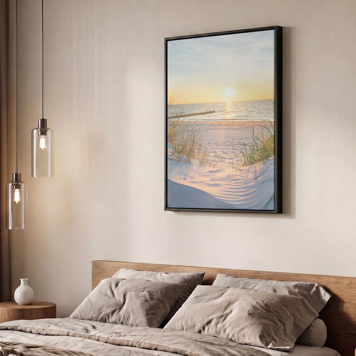 LEINWAND Bilder mit Rahmen - Strand - Sonne - Düne - Gras - Sand - Horizont - 60x80 - Hellblau, Textil (60/80cm) - MuchoWow