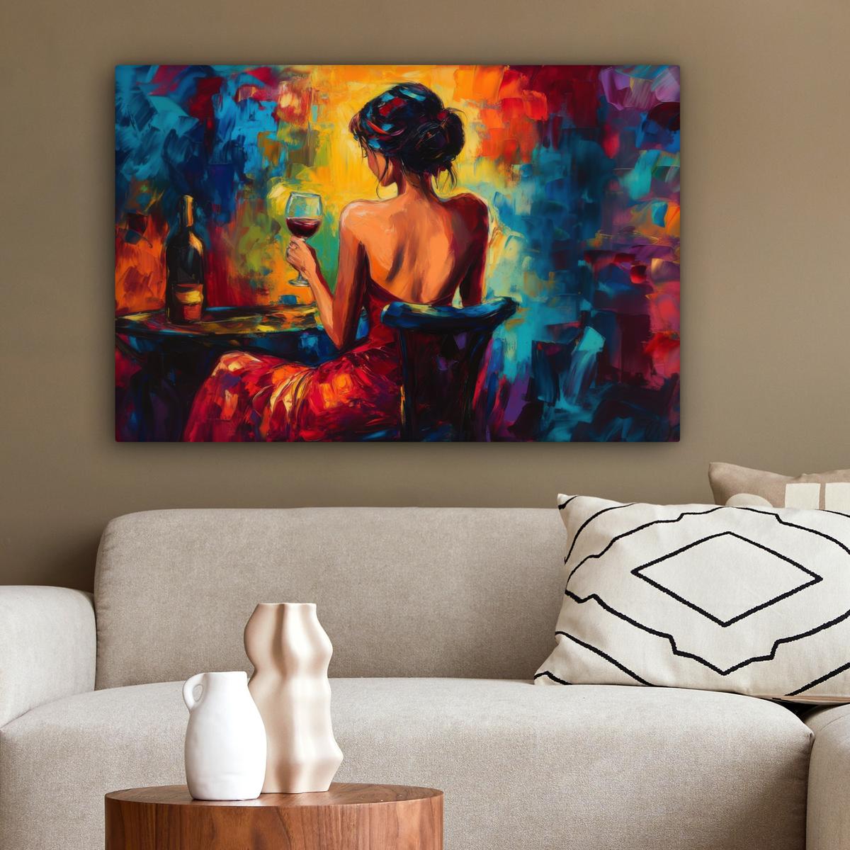LEINWANDBILD Wein - Frau - Stimmungsvoll - Farbenfroh Wanddeko 90x60 cm - Bordeaux, Textil (90/60cm) - MuchoWow