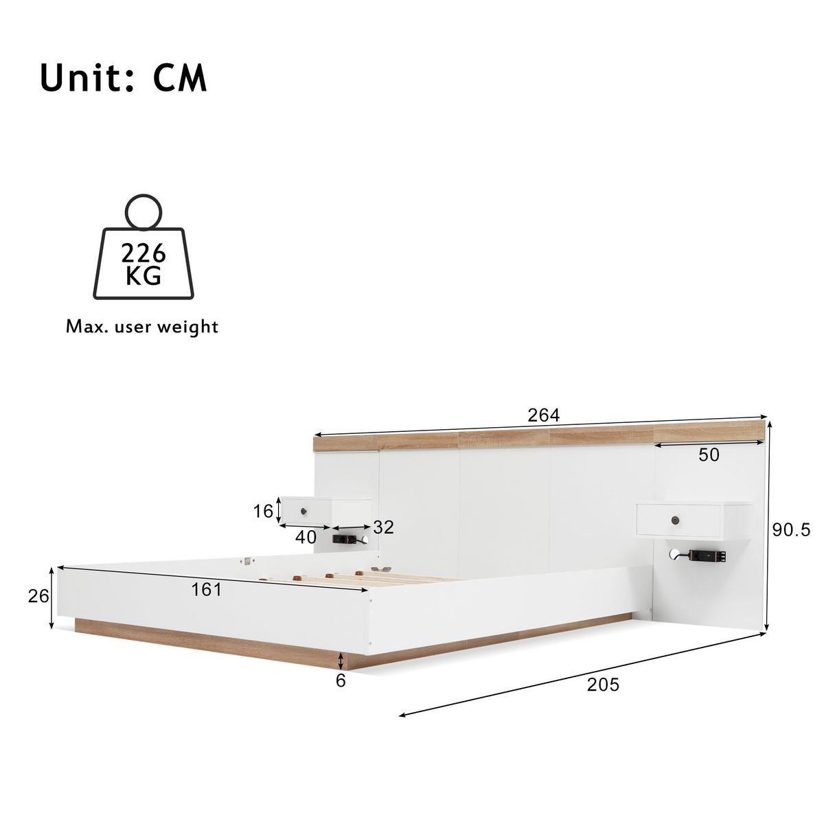 POLSTERBETT Weiß 160x200cm Eiche LED Stauraum Nachttische USB - Beige, Holzwerkstoff/Textil - Urban Meuble