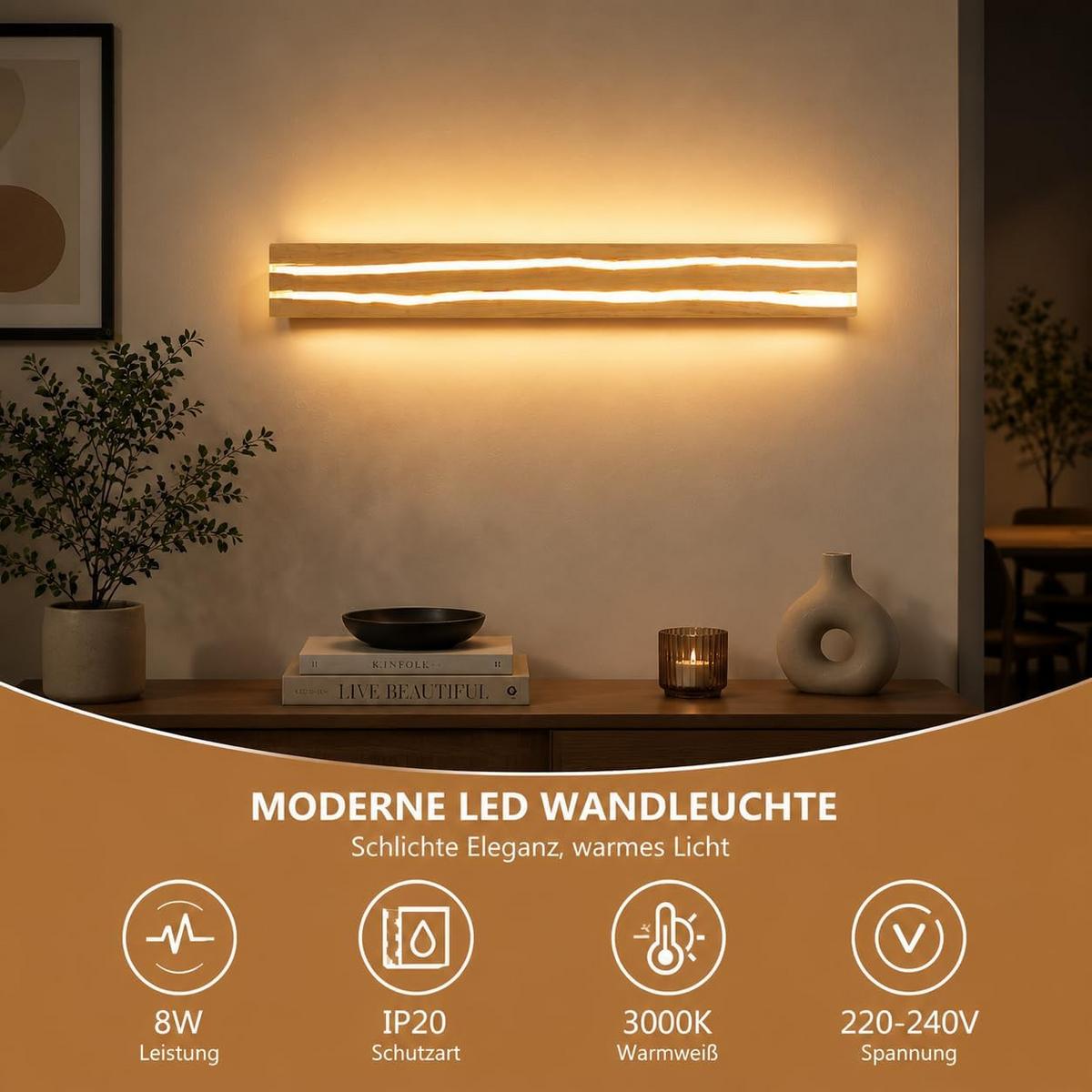 LED WANDLEUCHTE Olenly 50/8/3 cm - Braun, Holz/Metall (8/3/50cm) - ZMH