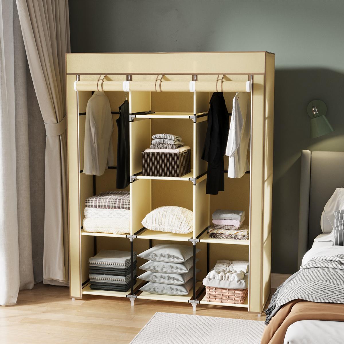 STOFFSCHRANK, Faltschrank, Kleiderschrank mit Kleiderstangen, 8 Ebenen Beige - Beige, Metall (43/162.5/125cm) - HOMCOM