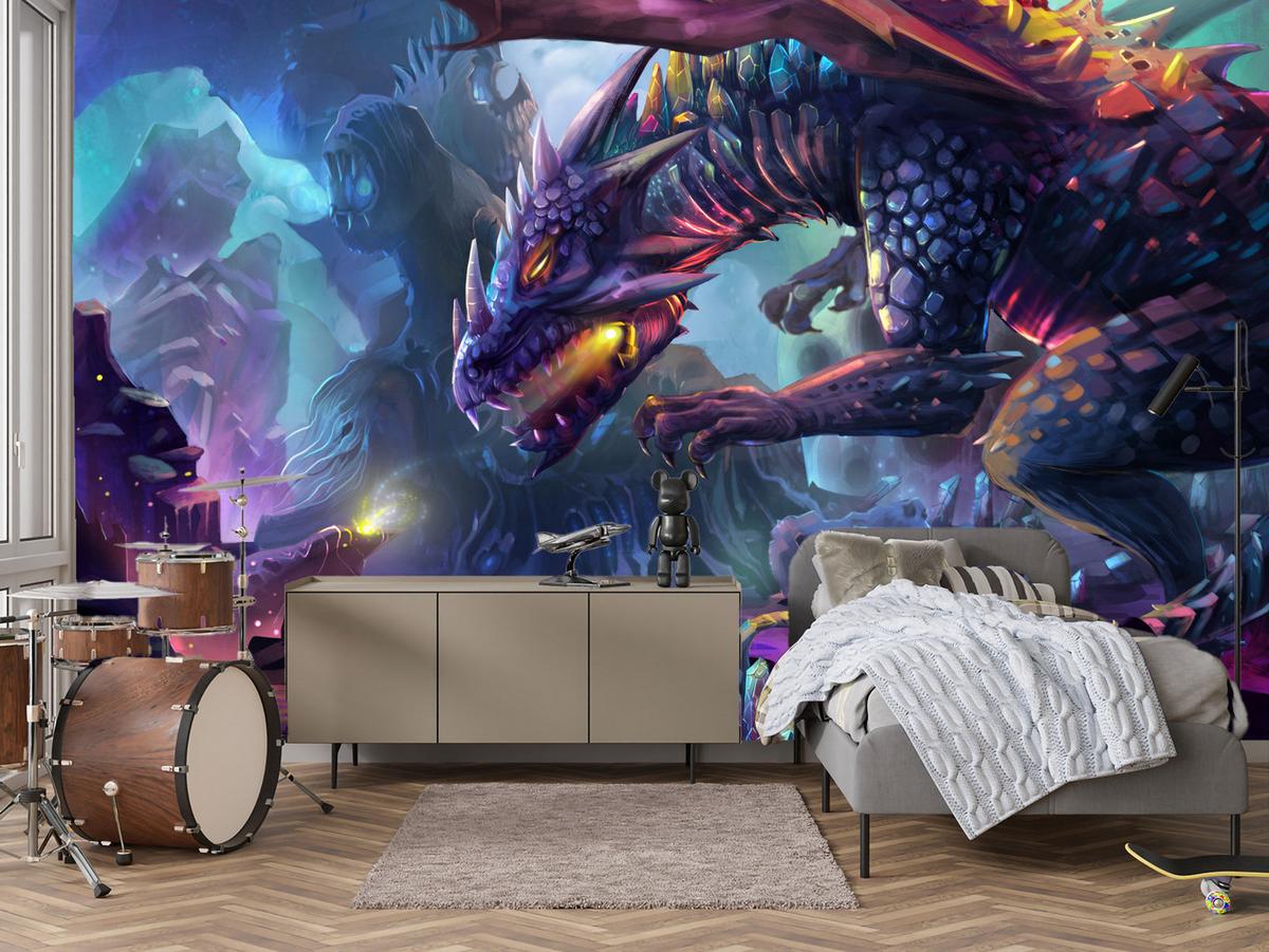 FOTOTAPETE für Jugendzimmer Fantastischer Drache Magische Welt Fantasy 350x256 - Türkis/Violett, Papier (350/256cm) - Muralo