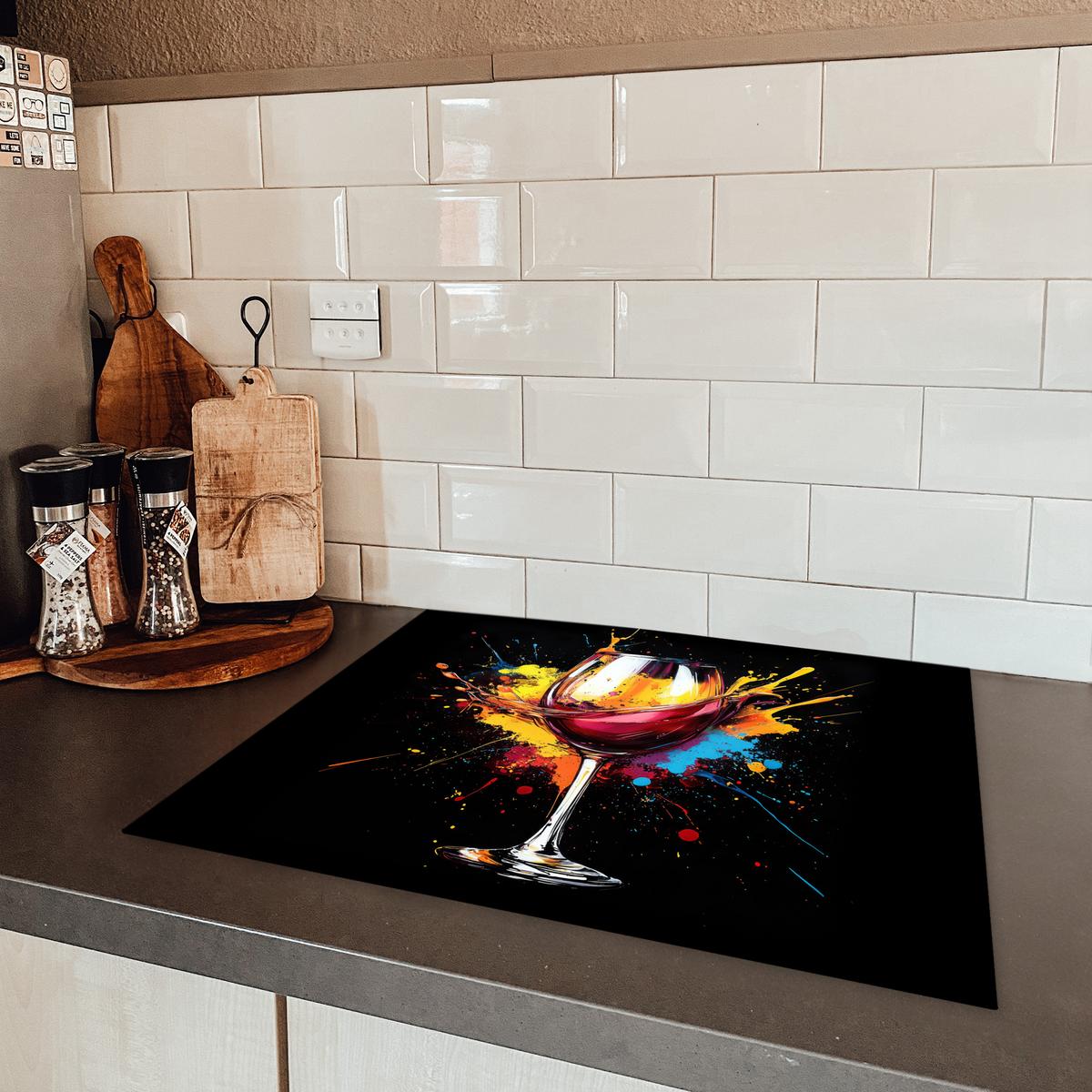 HERDABDECKPLATTE Wein - Glas - Graffiti - Getränk - Rot - Farbe Herdabdeckung Induktionsfeld 65x52 cm - Weinrot, Kunststoff (65/52/0.2cm) - MuchoWow