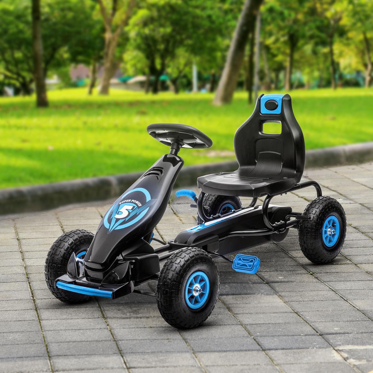 GOKART, Kinderfahrzeug mit verstellbarem Schalensitz, Tretauto, Grün+Schwarz - Blau, Metall (121/58/61cm) - HOMCOM