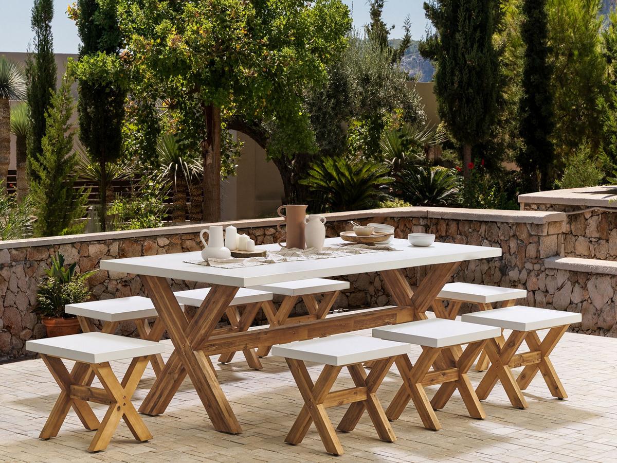 GARTENMÖBEL SET 8-Sitzer Faserzement weiß 9-teilig Olbia - Hellbraun/Weiß, Stein - Beliani