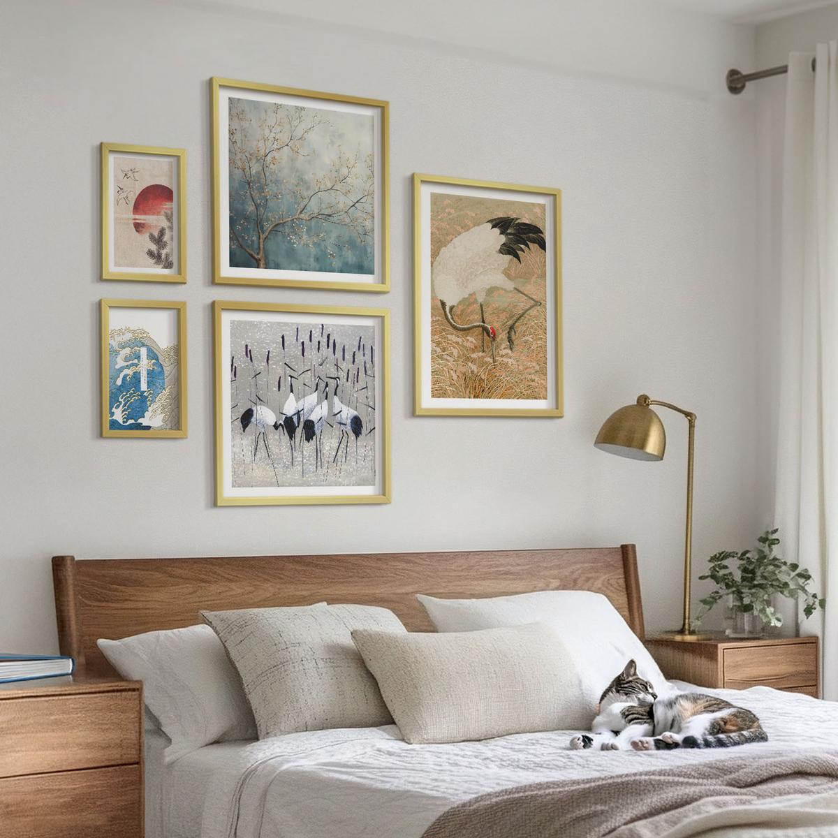 BILDER SET 5er Set - 50x50 cm & 20x30 cm & 40x60 cm Goldrahmen - Japanische Kraniche Landschaft - Goldfarben, Kunststoff (40/60cm) - TULUP