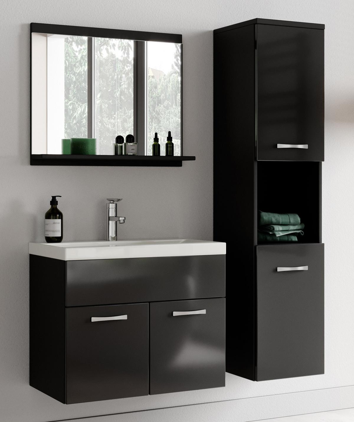 BADMÖBEL-SET Montreal 02 3 Teile Beton Schwarz Hochglanz - 60 x 35 x 51 cm - Chromfarben/Schwarz Hochglanz, Holz/Metall (60/51/35cm) - Badplaats