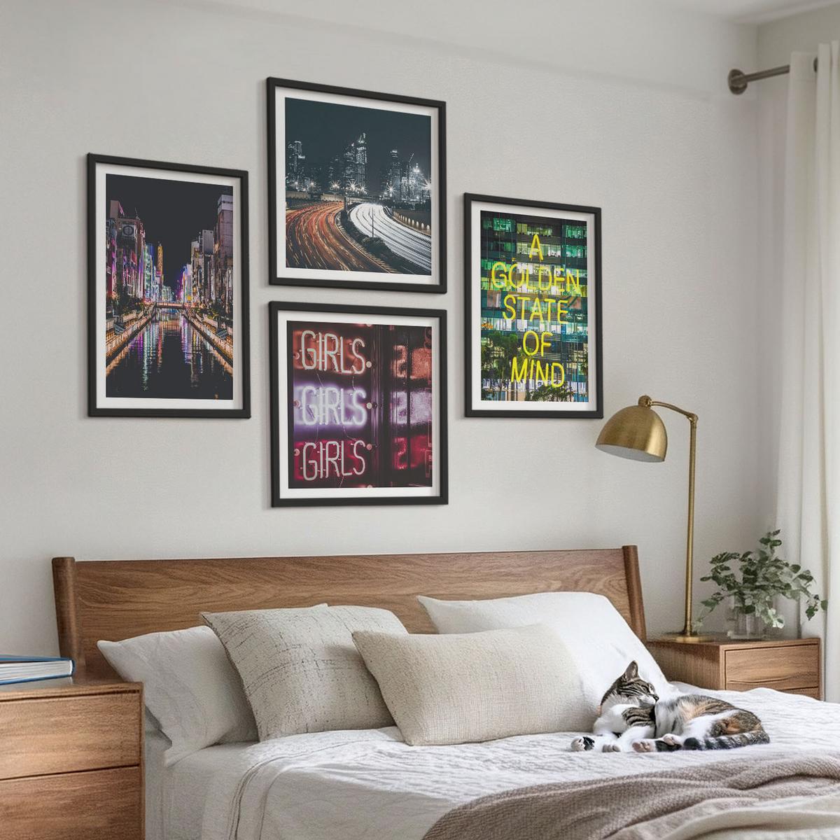 BILDER SET 4er Set - 50x50 cm & 40x60 cm Schwarzer Rahmen - Neonreklamen in der Stadt bei Nacht - Schwarz, Kunststoff (50/50cm) - TULUP