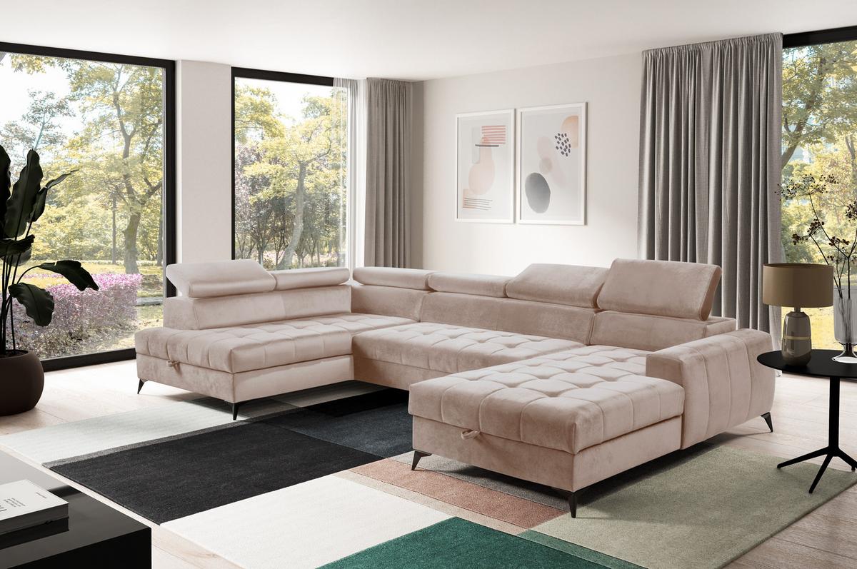 WOHNLANDSCHAFT Arkucio U Beige 345/200/95 cm – großes Sofa mit Schlaffunktion R - Beige/Schwarz, Textil/Metall (345/95/200cm) - AX Living