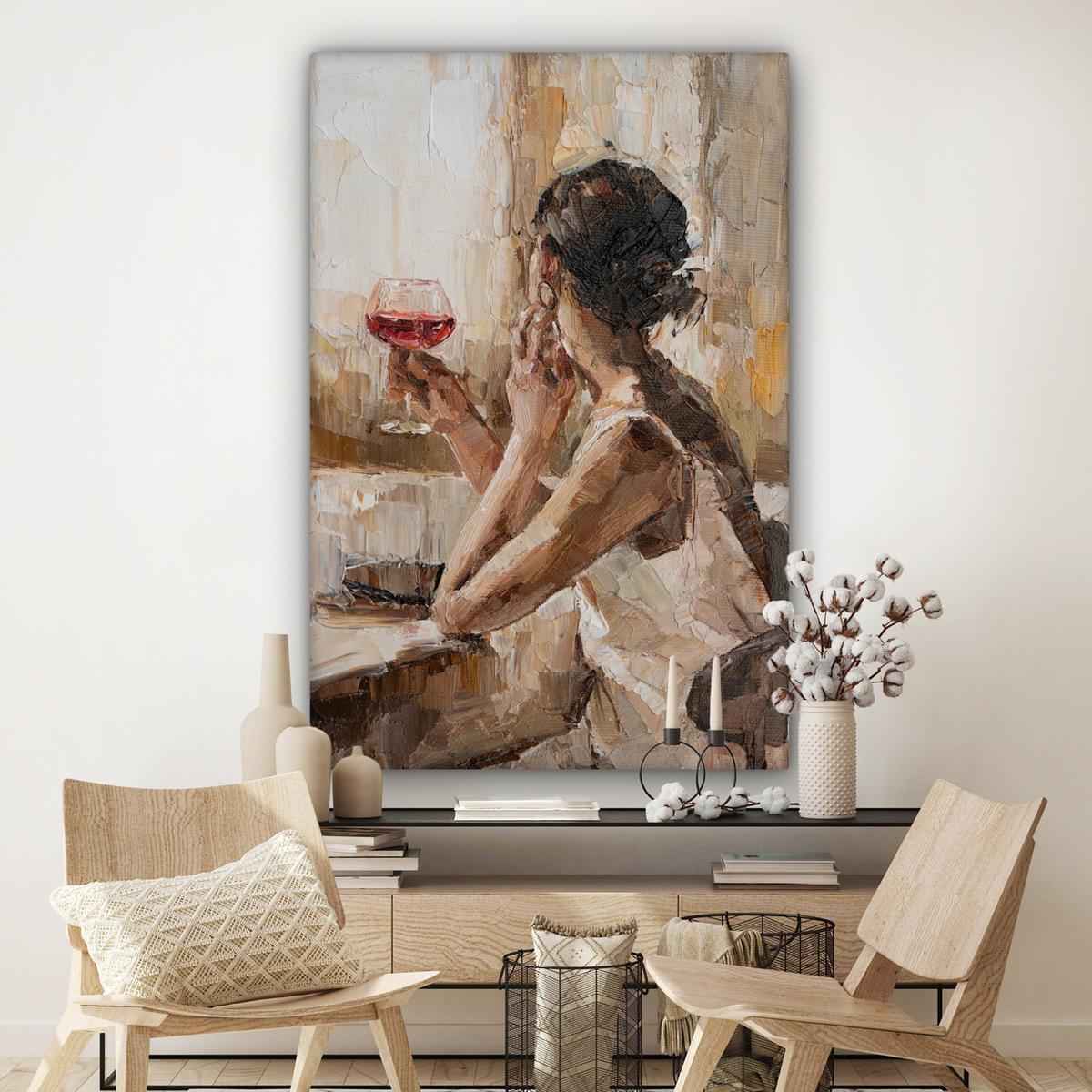 LEINWANDBILD Ölgemälde - Frau - Wein Deko Groß 90x140 cm - Hellbraun, Textil (90/140cm) - MuchoWow
