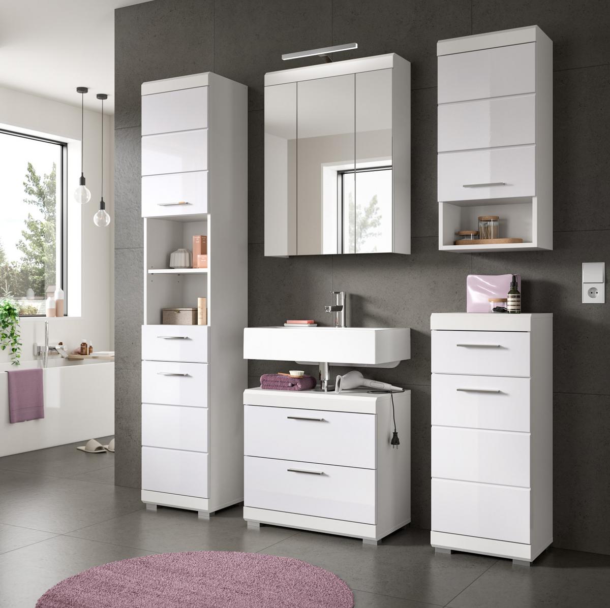 HOCHSCHRANK weiß Hochglanz 37 cm, Badschrank mit 6 Fächern - Weiß Hochglanz/Silberfarben, Holzwerkstoff/Kunststoff (37/191/31cm) - Inn.Furn