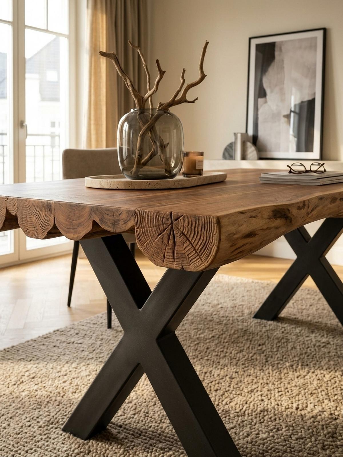 ESSZIMMERTISCH – Akazie Massivholz 200x100x77 cm X-Gestell Natur Schwarz - Beige/Schwarz, Holz/Metall (200/100/77cm) - KADIMA DESIGN