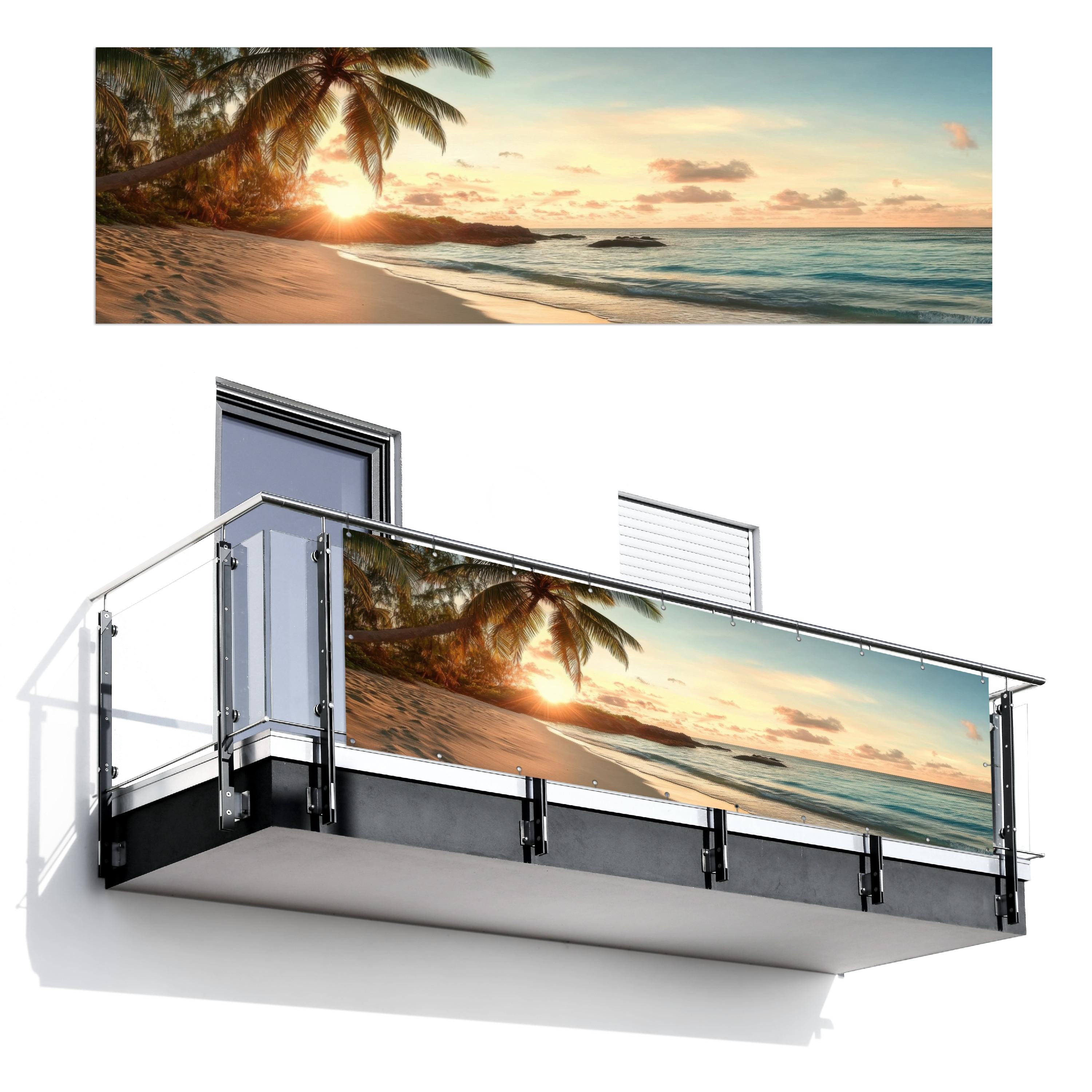 BALKON-SICHTSCHUTZ Strand - Palmen - Meer - Sonnenuntergang Windschutz 300x90 cm - Samtahornfarben, Kunststoff (300/90cm) - MuchoWow