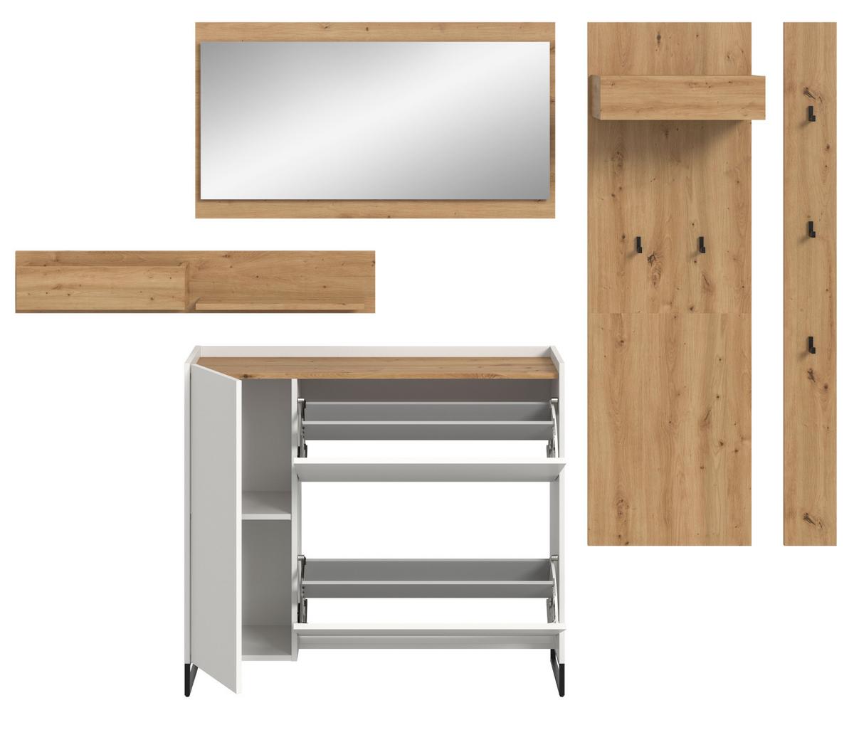 GARDEROBE-SET weiß und Artisan Eiche, Garderobe 5-teilig, 236 x 192 cm, Soft-Close, Borga - Schwarz/Weiß, Holzwerkstoff/Metall (236/192/32cm) - Inn.Furn