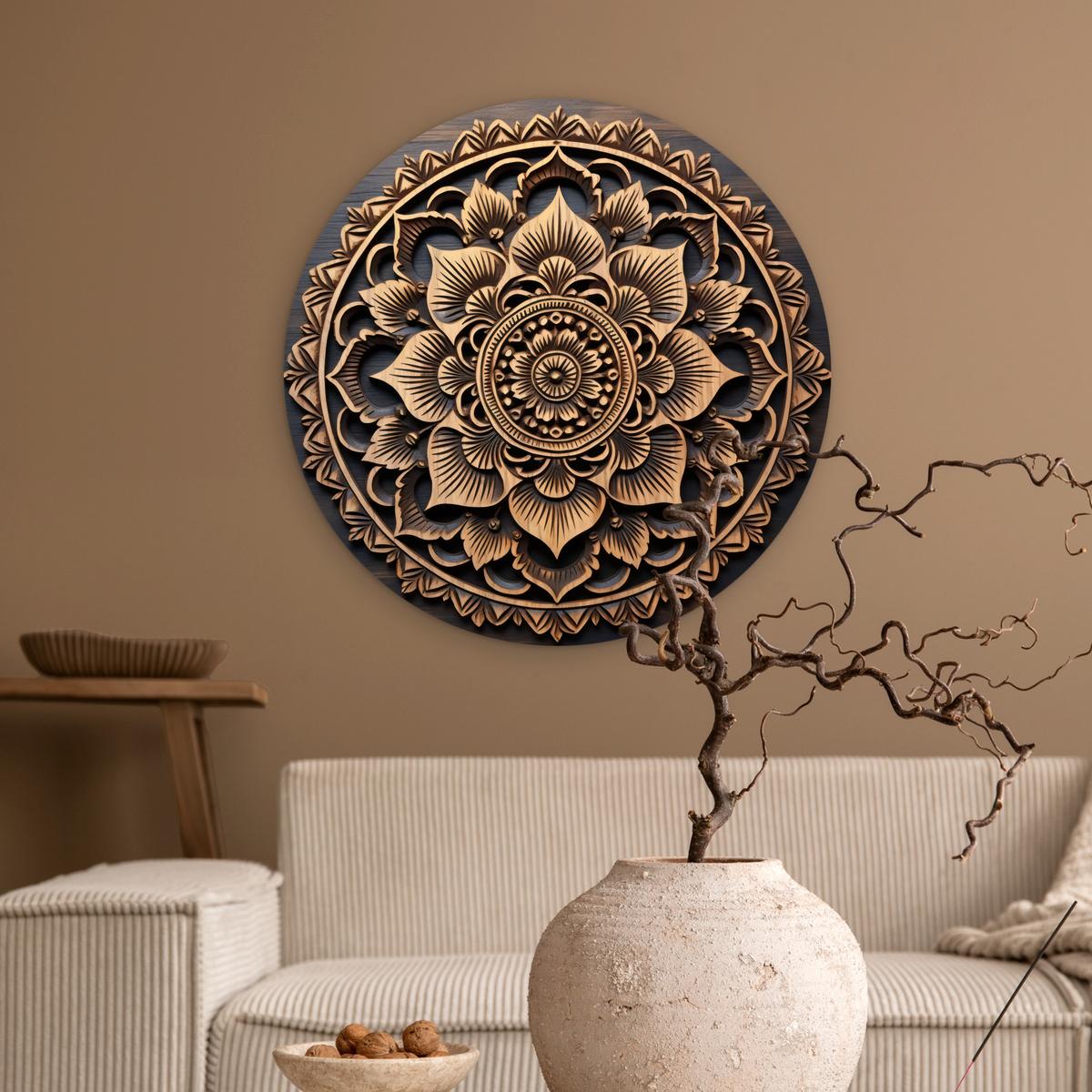 WANDBILD Mandala - Holz - Blumen - Braun Wanddeko Schlafzimmer 60x60 cm - Gelb, Kunststoff (60/60cm) - MuchoWow