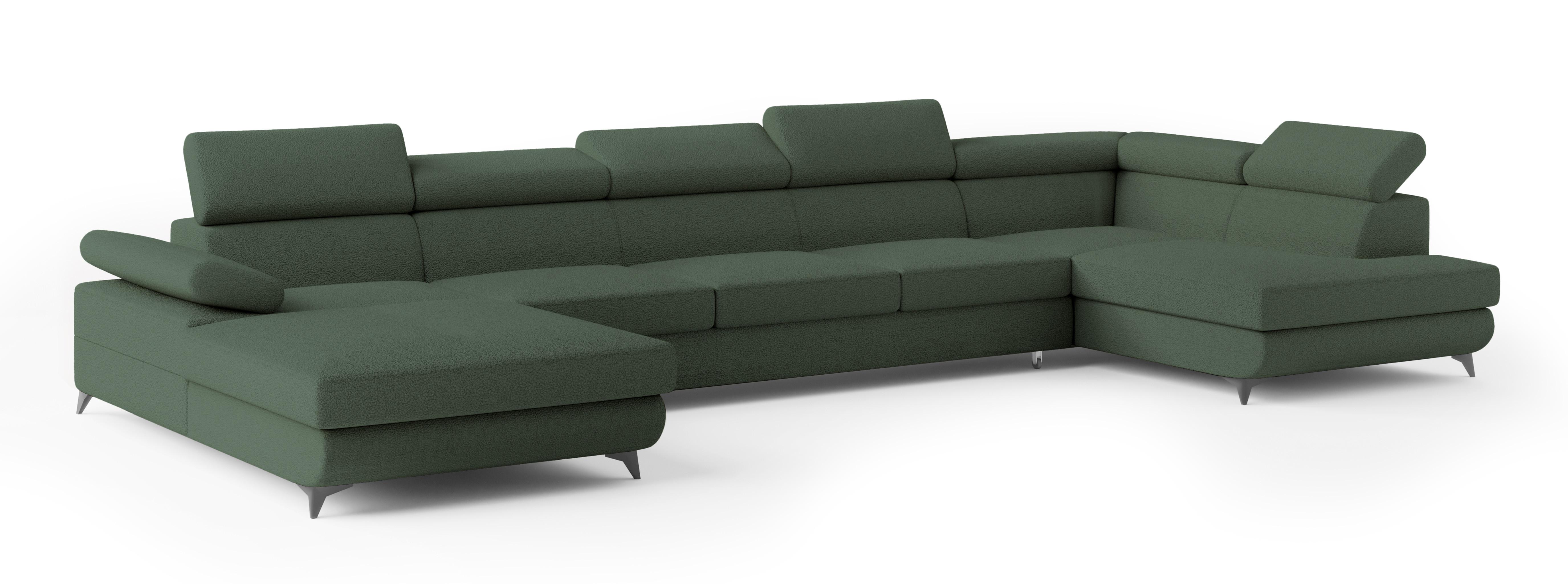 WOHNLANDSCHAFT MONTIVA Grün Boucle-Stoff mit Schlaffunktion - Grün, Holz (410/89/190cm) - MASSENO