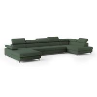 WOHNLANDSCHAFT MONTIVA Grün Boucle-Stoff mit Schlaffunktion - Grün, Holz (410/89/190cm) - MASSENO