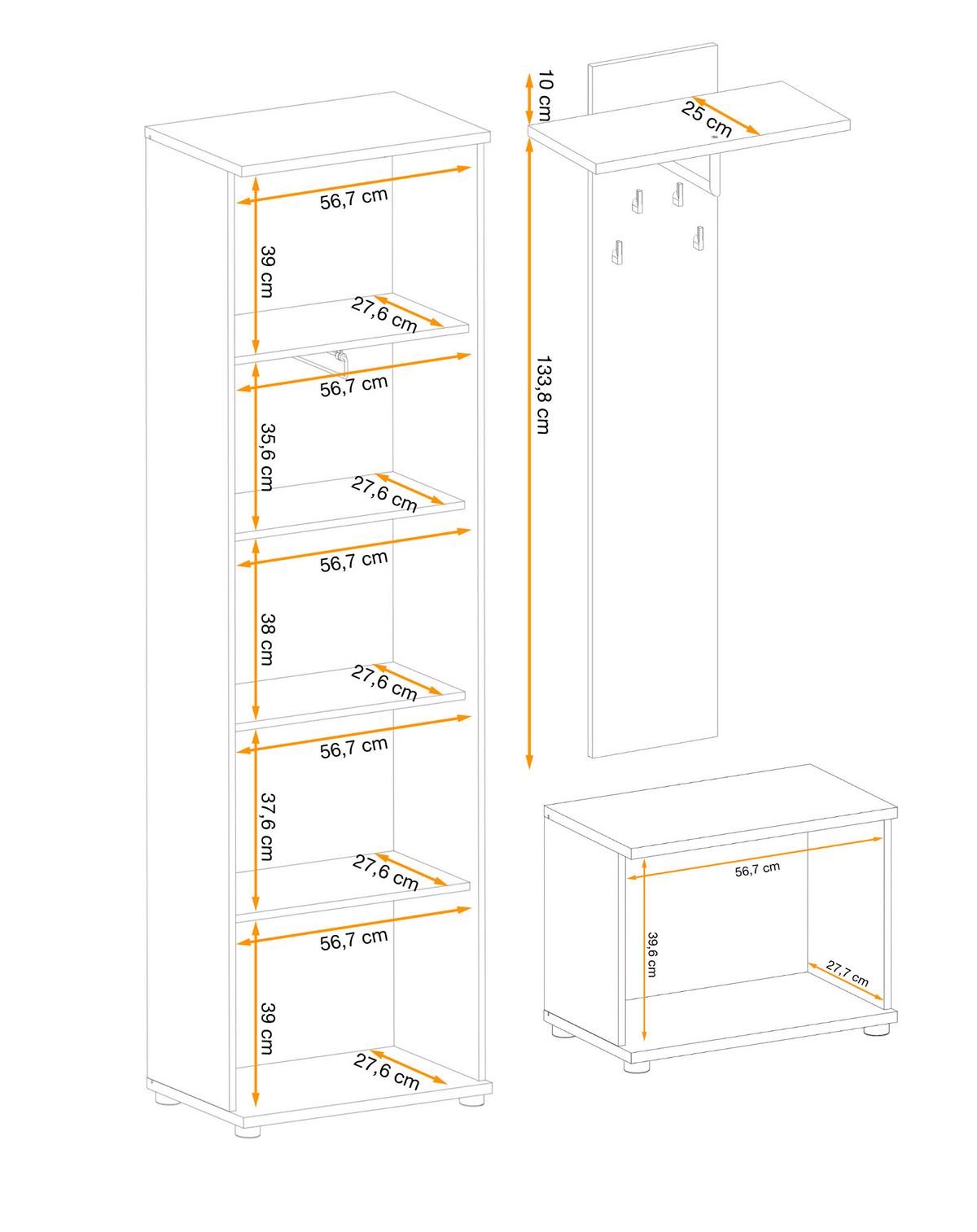 GARDEROBE Set 3-teilig Eiche Jackson, schwarz 140 cm, Garderobenkombination mit 3D-Lamellen - Eichefarben/Schwarz, Holzwerkstoff/Kunststoff (130/202/35cm) - Furn.Design