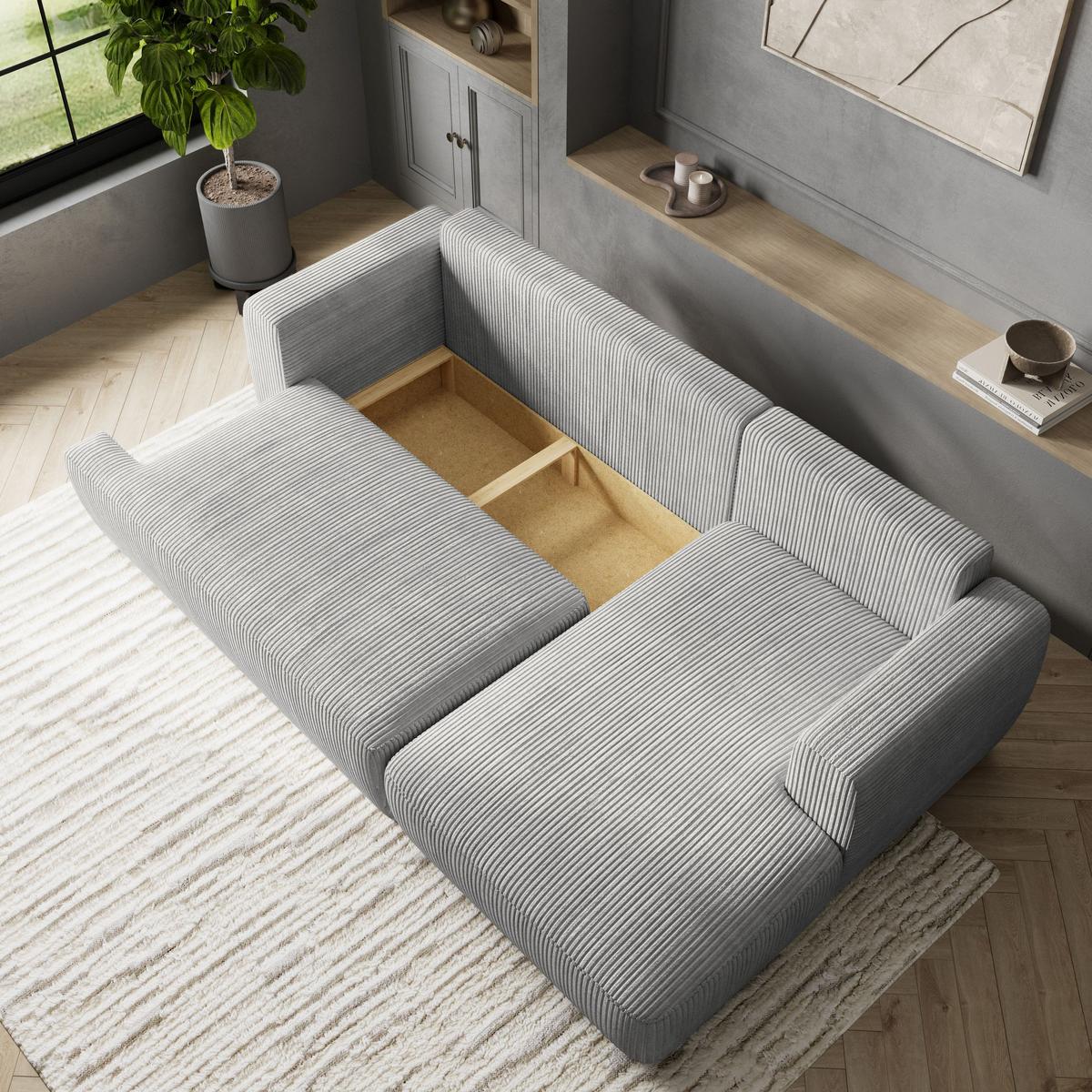 ECKSOFA SENTI P R-S Hellgrau Kordstoff mit Schlaffunktion - Hellgrau/Schwarz, Holz/Kunststoff (246/148cm) - MASSENO