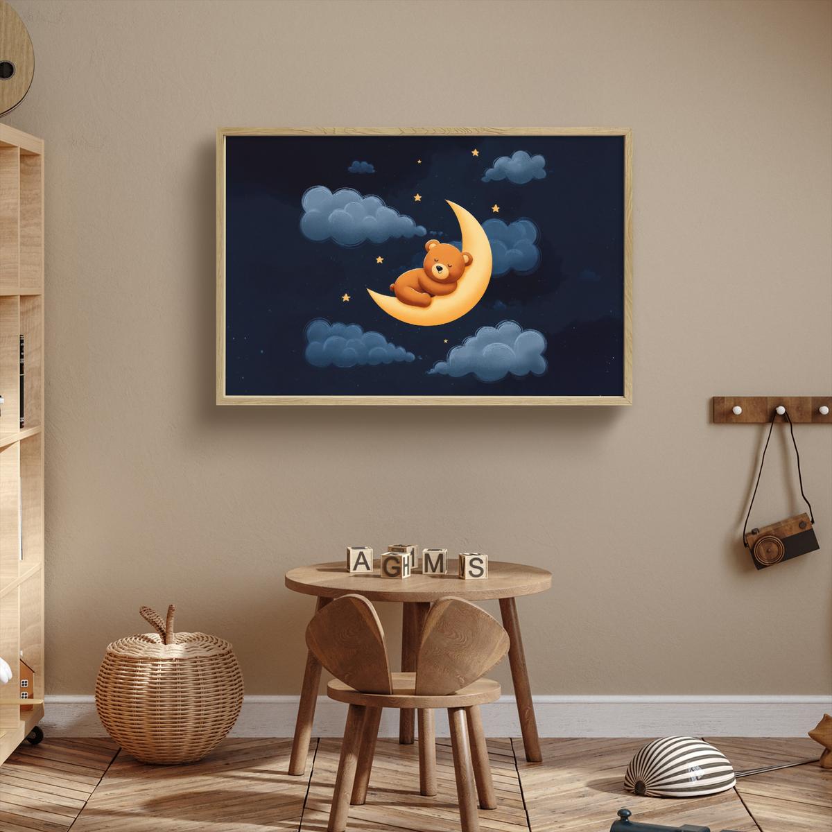 WANDLEUCHTE MIT AKKU Teddybär - Mond - Wolken - Sterne 100x70 cm - Dunkelblau, Holzwerkstoff (100/70/8cm) - OnlyWow