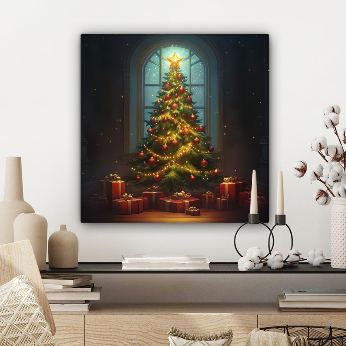 LEINWANDBILD Weihnachtsbaum - Geschenk - Winter Wandbild Wohnzimmer 50x50 cm - Grün, Textil (50/50cm) - MuchoWow