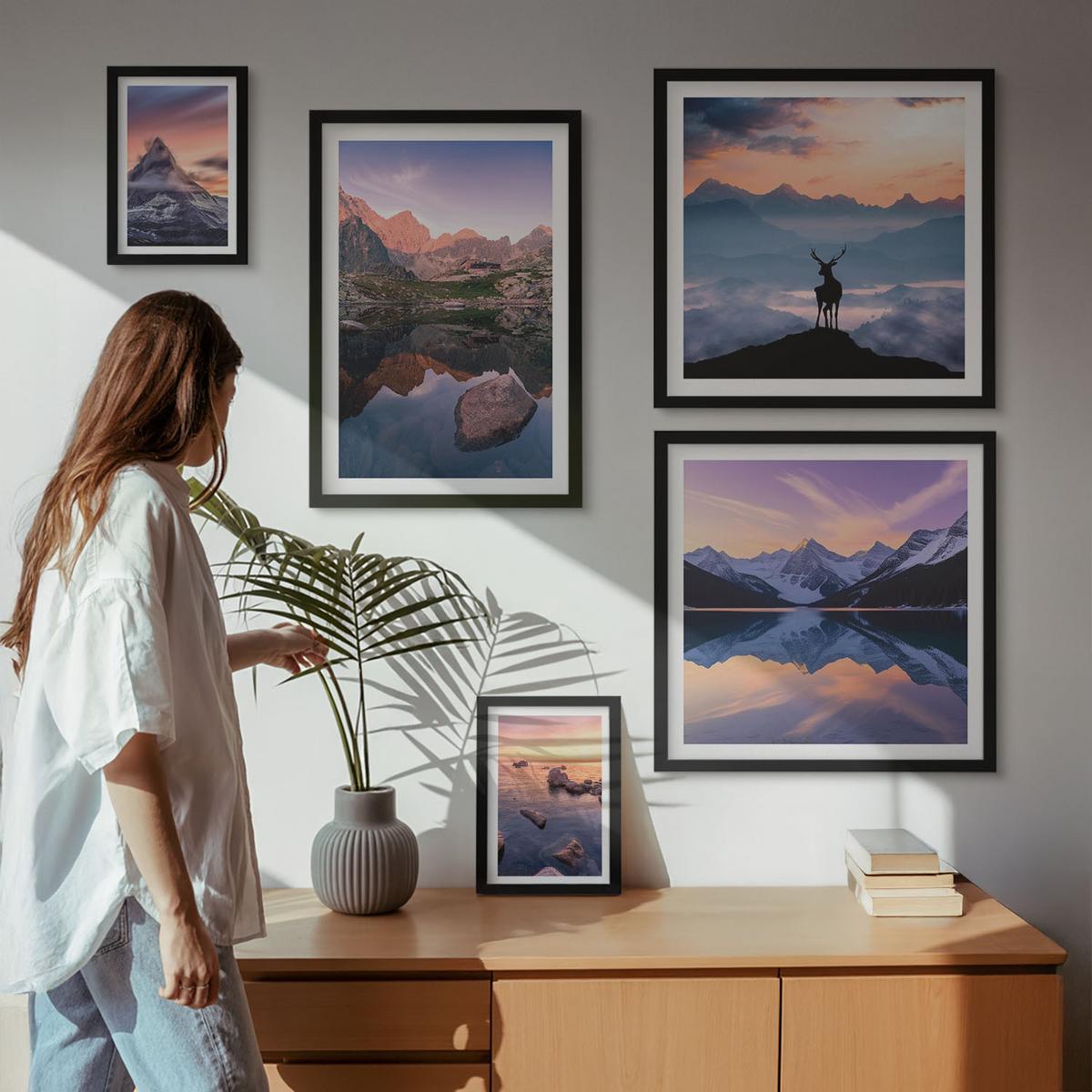 BILDER SET 5er Set - 50x50 cm & 20x30 cm & 40x60 cm Schwarzer Rahmen - Landschaften Berge Seen jelen - Schwarz, Kunststoff (40/60cm) - TULUP