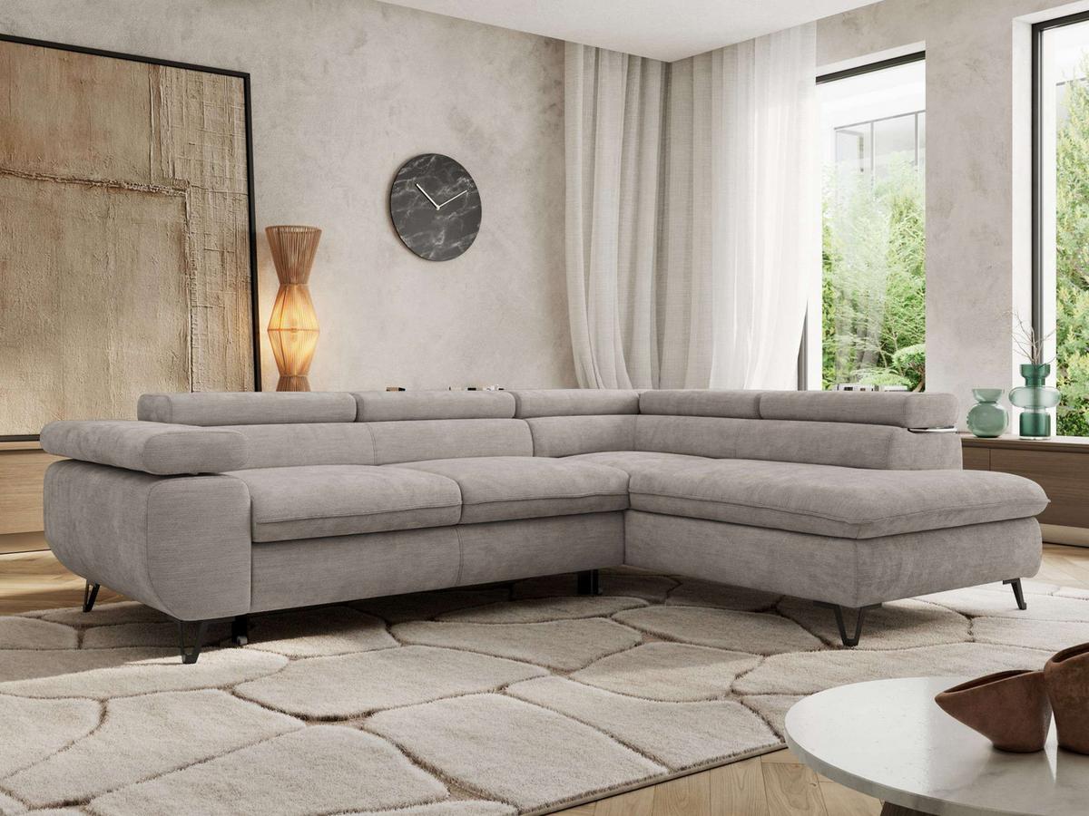 ECKSOFA PABLO L Hellgrau Schenille glatt - Rechts Seite mit Visco Topper - Hellgrau/Schwarz, Textil/Metall (273/208cm) - MKS