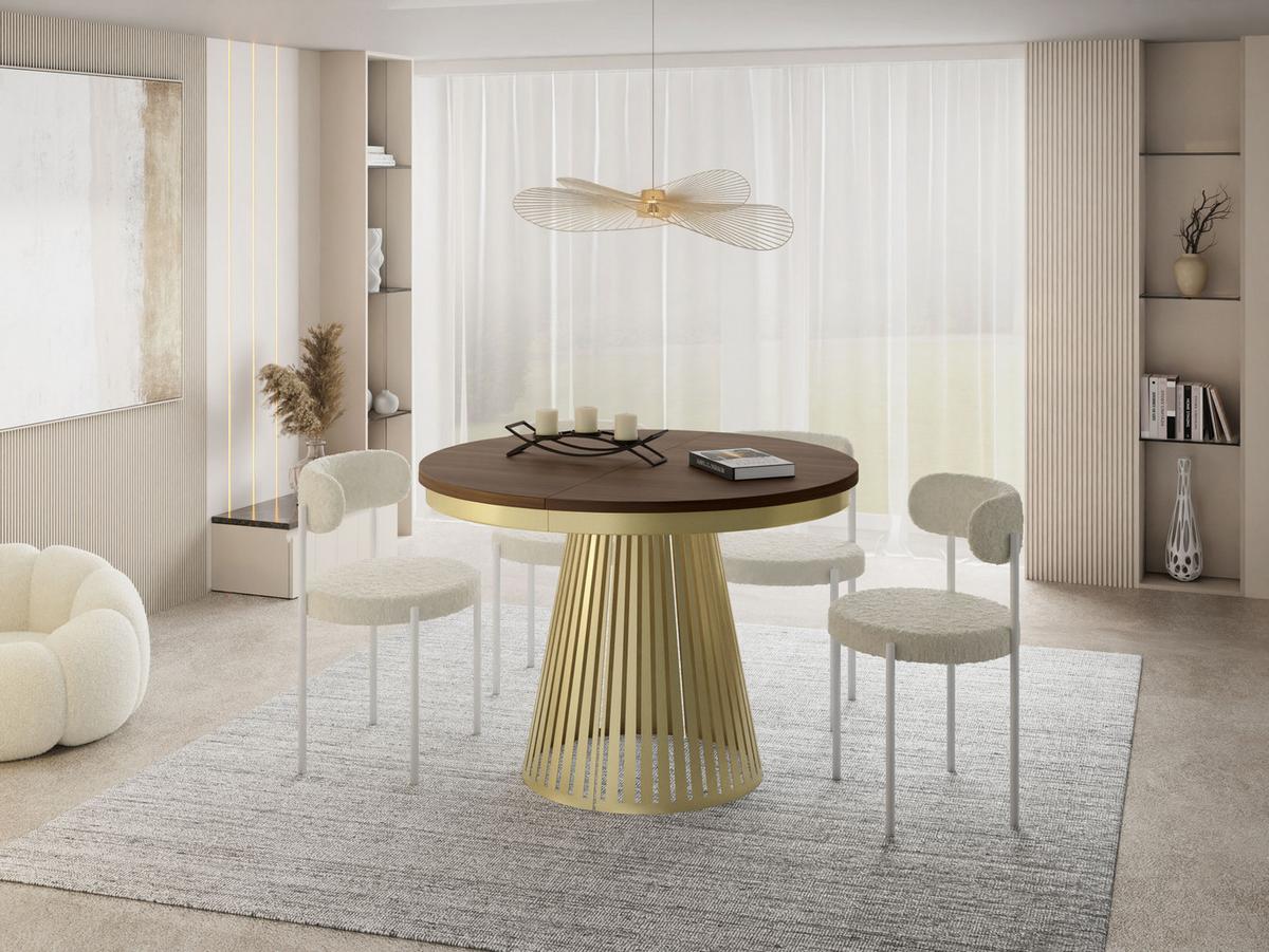 ESSTISCH Naro rund ausziehbar mit Goldem Lamellen-Metallgestell, Walnuss Braun 100-180/100/76 cm - Goldfarben/Walnussfarben, Holzwerkstoff/Metall (100/180/76cm) - WFL GROUP