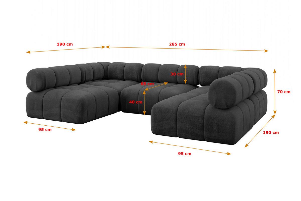 WOHNLANDSCHAFT modulares Sofa Garvo-U1 - 285x190x70 cm Schwarz Velours - Schwarz, Holzwerkstoff/Textil (285/70/190cm) - ALTDECOR