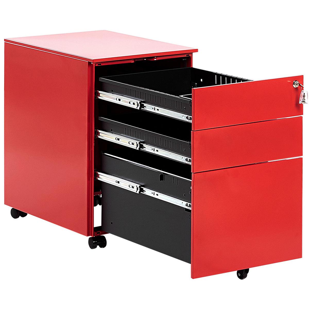 AKTENSCHRANK Metall rot 3 Schubladen mit Rollen Cami - Rot, Metall (39/60/50cm) - Beliani