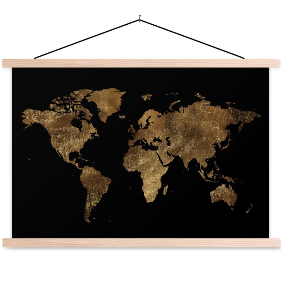 POSTER MIT MAGNETLEISTEN Weltkarte - Gold - Luxus - Erde - Schwarz Wandbilder 60x40 cm - Goldfarben, Textil (60/40/0.15cm) - MuchoWow