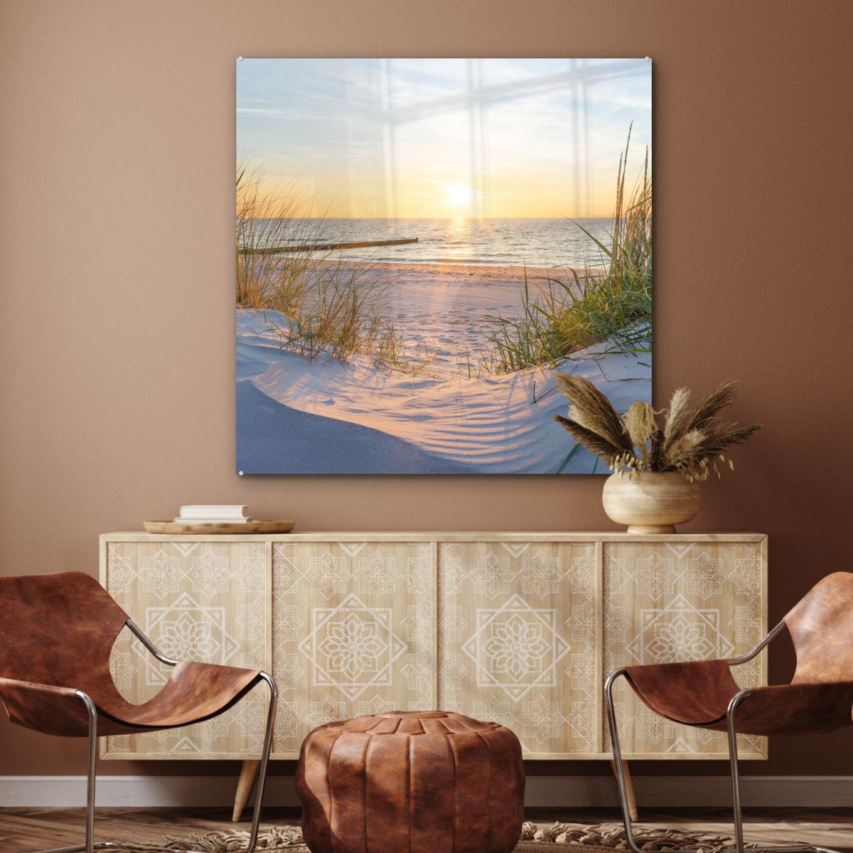 ACRYLGLASBILD Strand - Sonne - Düne - Gras - Sand - Horizont 90x90 cm - Hellblau, Glas (90/90cm) - MuchoWow