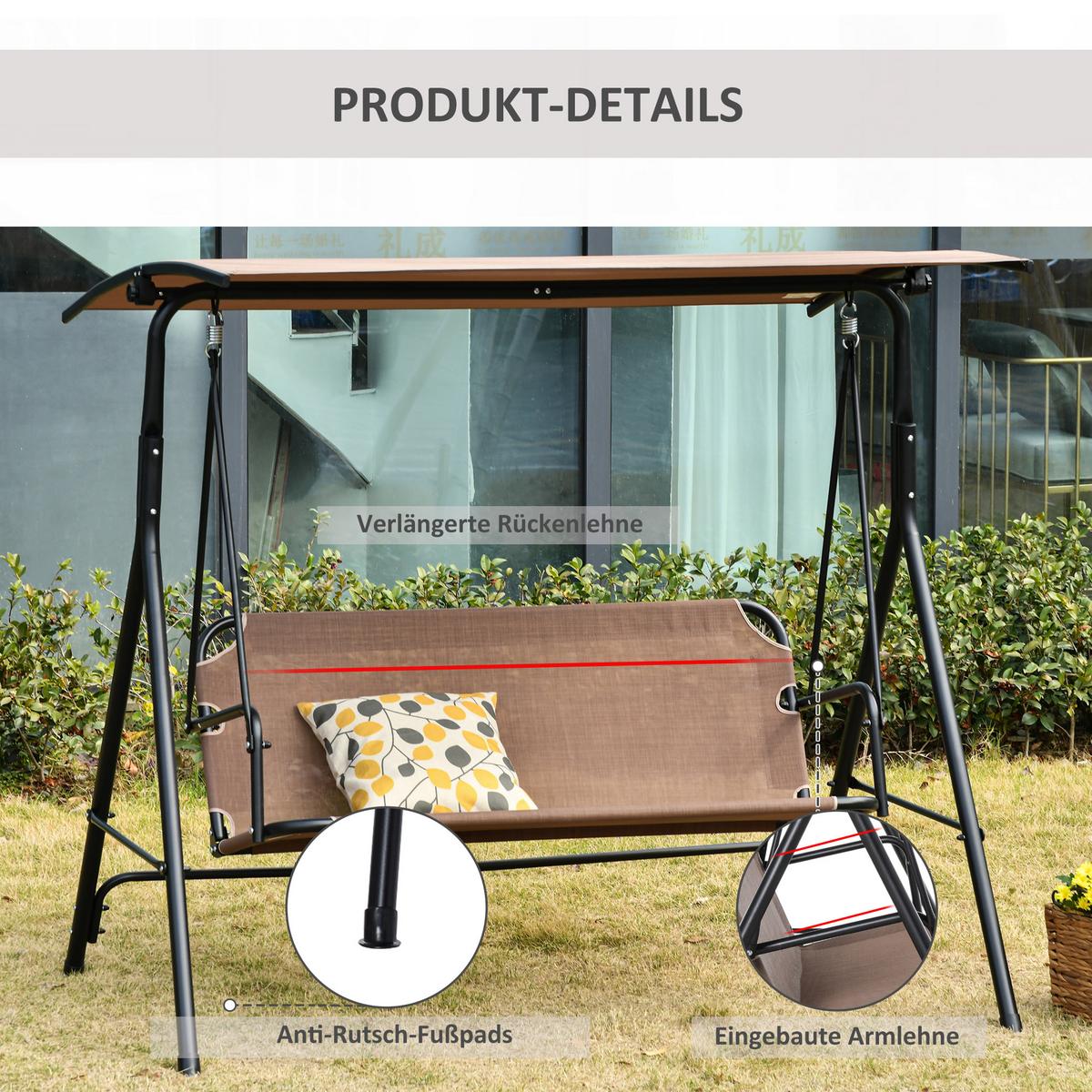 HOLLYWOODSCHAUKEL, Metall, Texteline, Braun - Braun, Metall (110/155/172cm) - Outsunny
