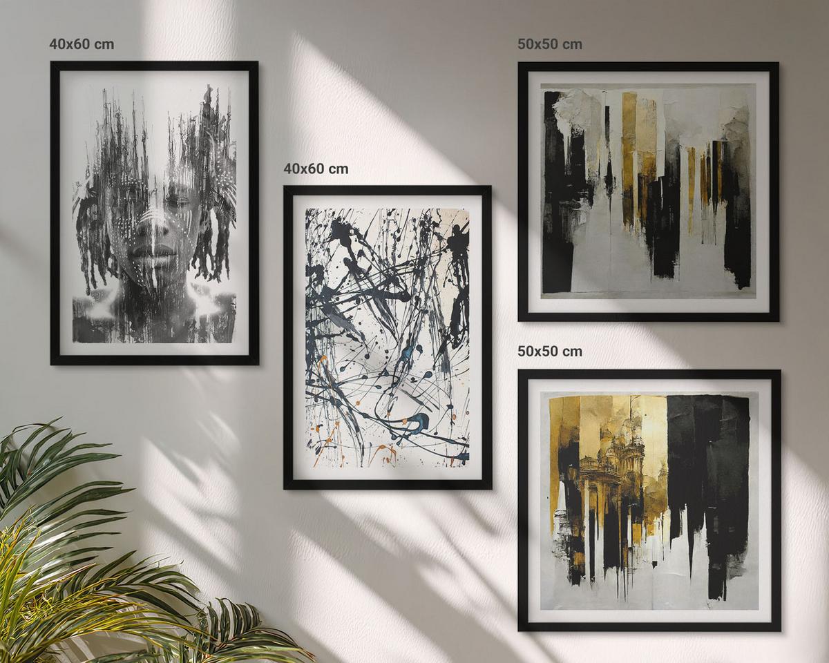 BILDER SET 4er Set - 50x50 cm & 40x60 cm Schwarzer Rahmen - Kontrastierende abstrakte Porträts - Schwarz, Kunststoff (50/50cm) - TULUP