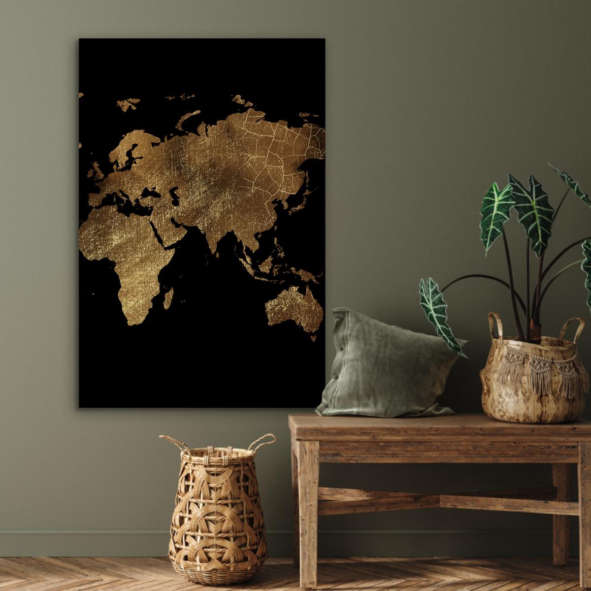 METALLBILD Weltkarte - Gold - Luxus - Erde - Schwarz 80x120 cm - Goldfarben, Metall (80/120cm) - MuchoWow