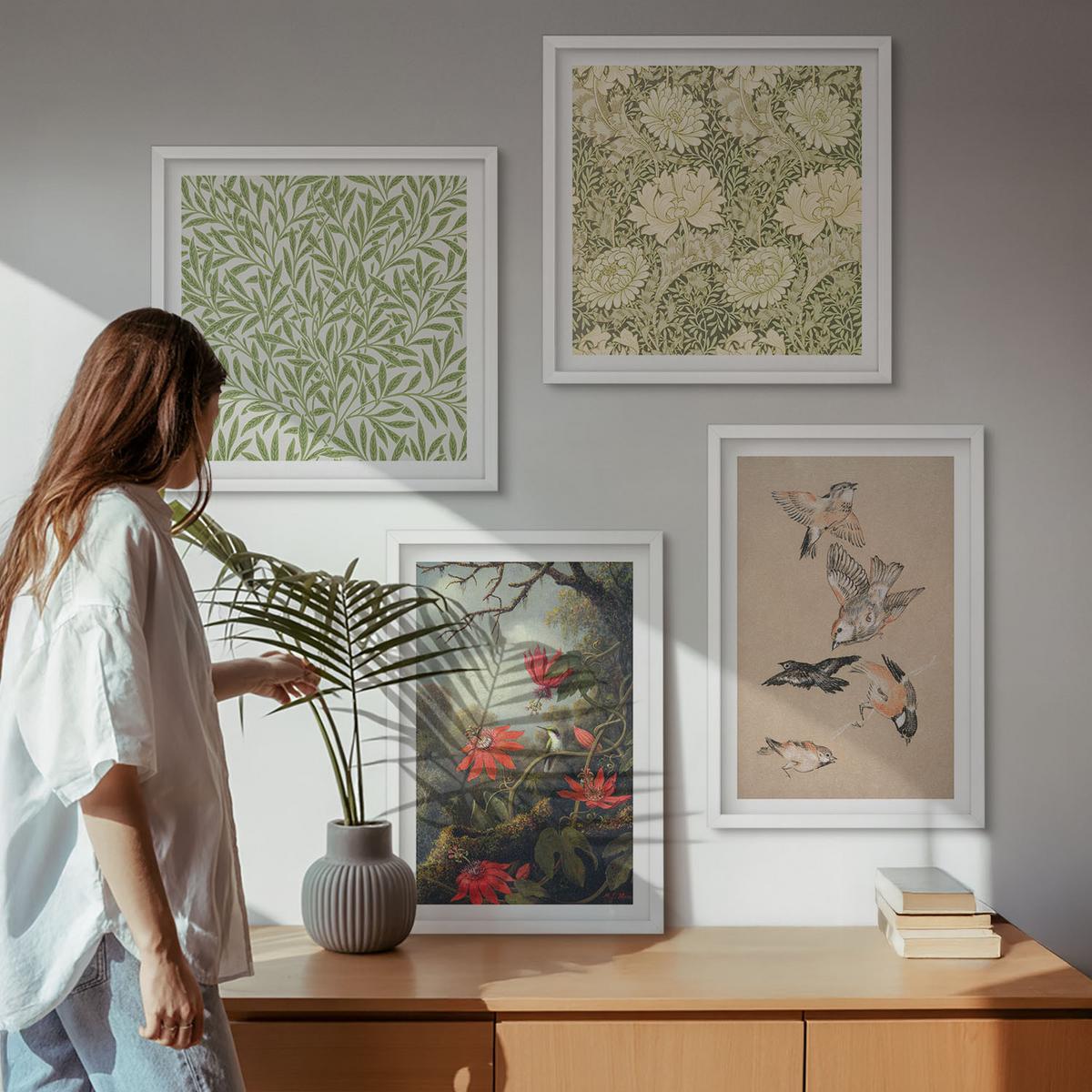 BILDER SET 4er Set - 50x50 cm & 40x60 cm Weißer Rahmen - Blumen und Vögel in natürlicher Umgebung - Weiß, Kunststoff (50/50cm) - TULUP
