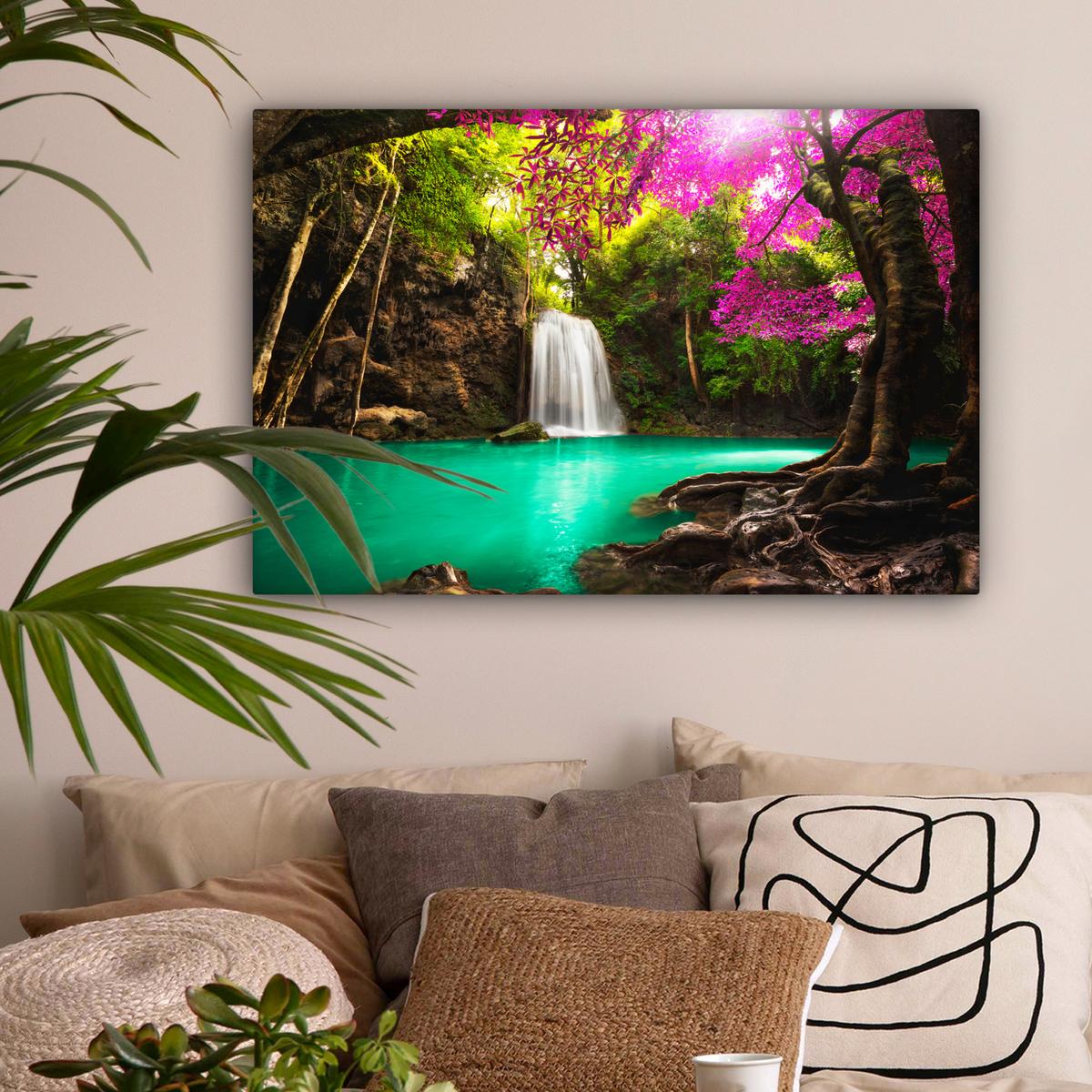 LEINWANDBILD Wasserfall mit bunten Blumen und Bäumen - Natur - Dschungel Gemälde 60x40 cm - Waldgrün, Textil (60/40cm) - MuchoWow