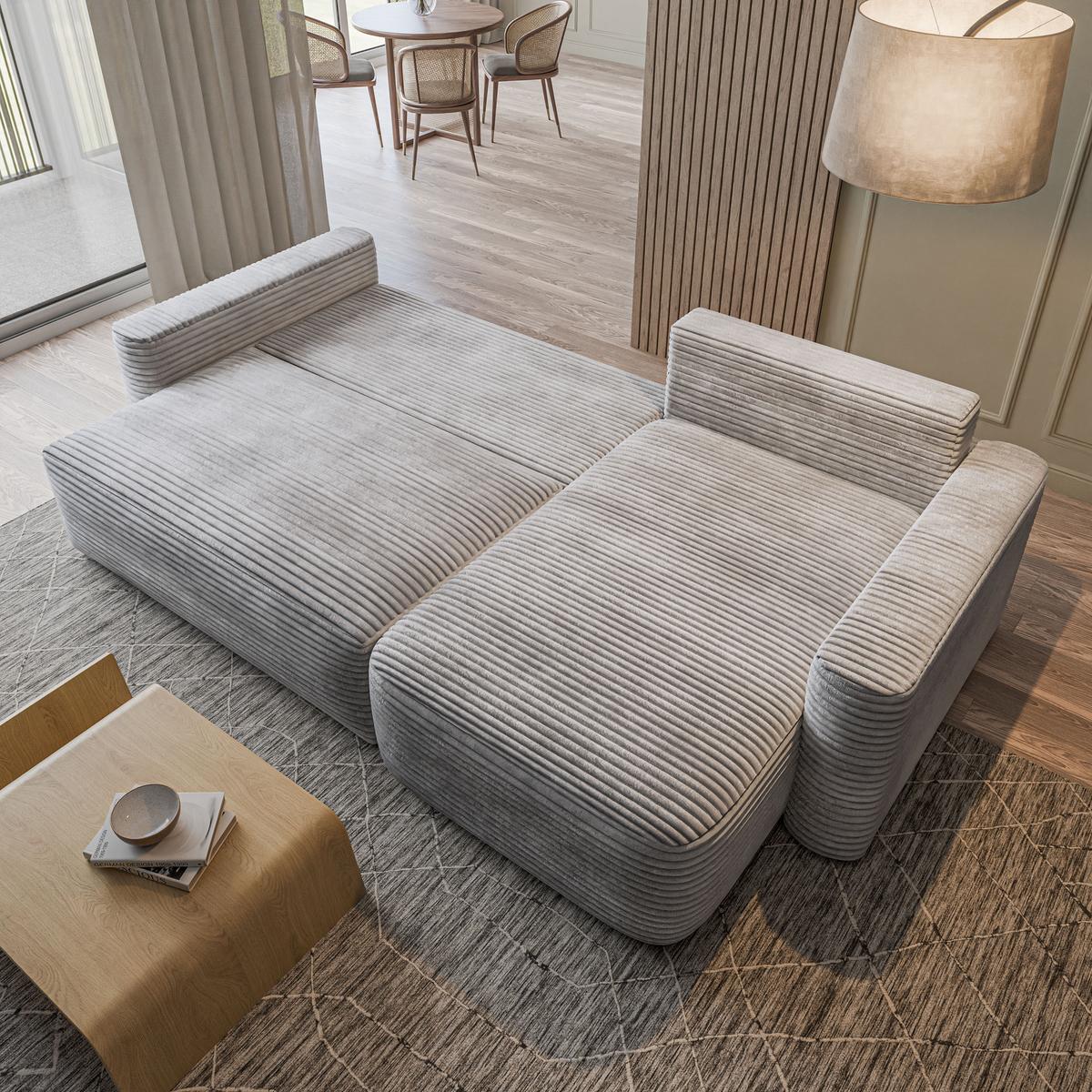 ECKSOFA NERI T Hellgrau Kordstoff mit Schlaffunktion - Hellgrau, Holzwerkstoff/Textil (280/157cm) - MASSENO