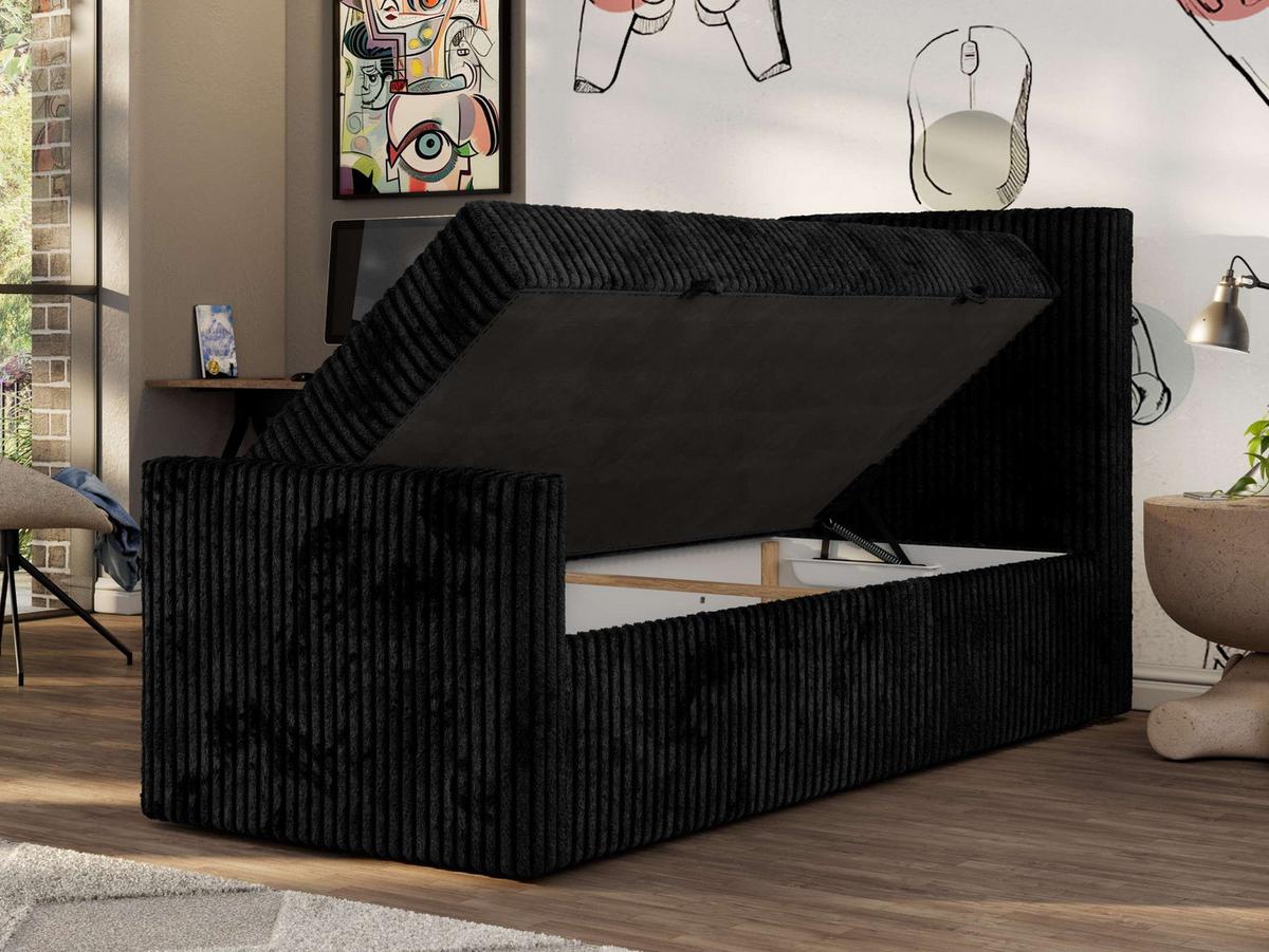 JUGENDBETT TILIO DUO 90/200 - Schwarz Cord - H4 - Rechts Seite - Schwarz, Textil (200/90cm) - MKS