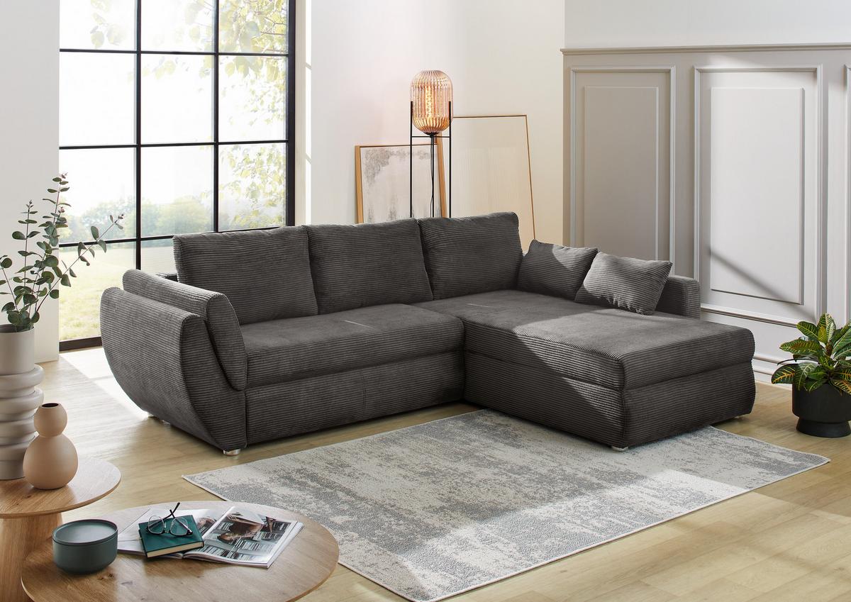 ECKSOFA mit Schlaffunktion und Bettkasten, seitenverkehrt montierbar B272/T200/H88 cm, Liegefläche 128x224 cm, Cord Dunkelgrau / 15226 - Chromfarben/Dunkelgrau, Kunststoff/Textil (272/200cm) - luma-home