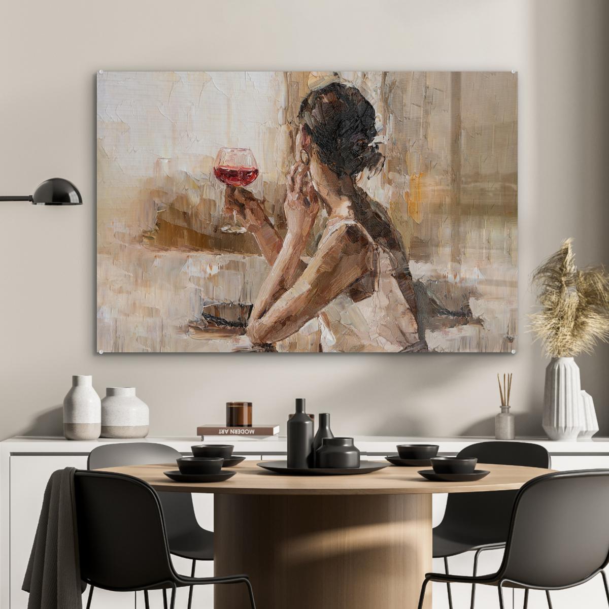 ACRYLGLASBILD Ölgemälde - Frau - Wein Wandbild Schlafzimmer 120x80 cm - Hellbraun, Glas (120/80cm) - MuchoWow