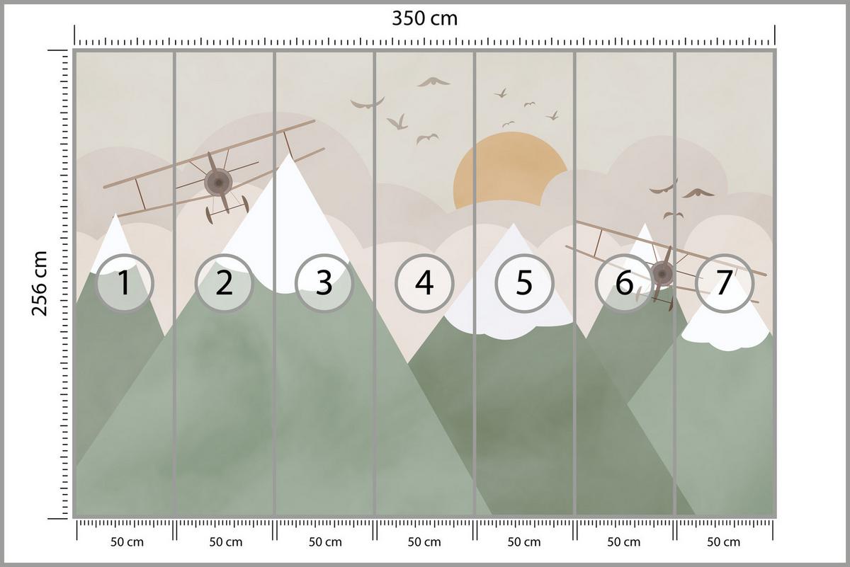 FOTOTAPETE für Kinderzimmer Berge Flugzeuge Wolken 350x256 - Beige/Orange, Papier (350/256cm) - Muralo