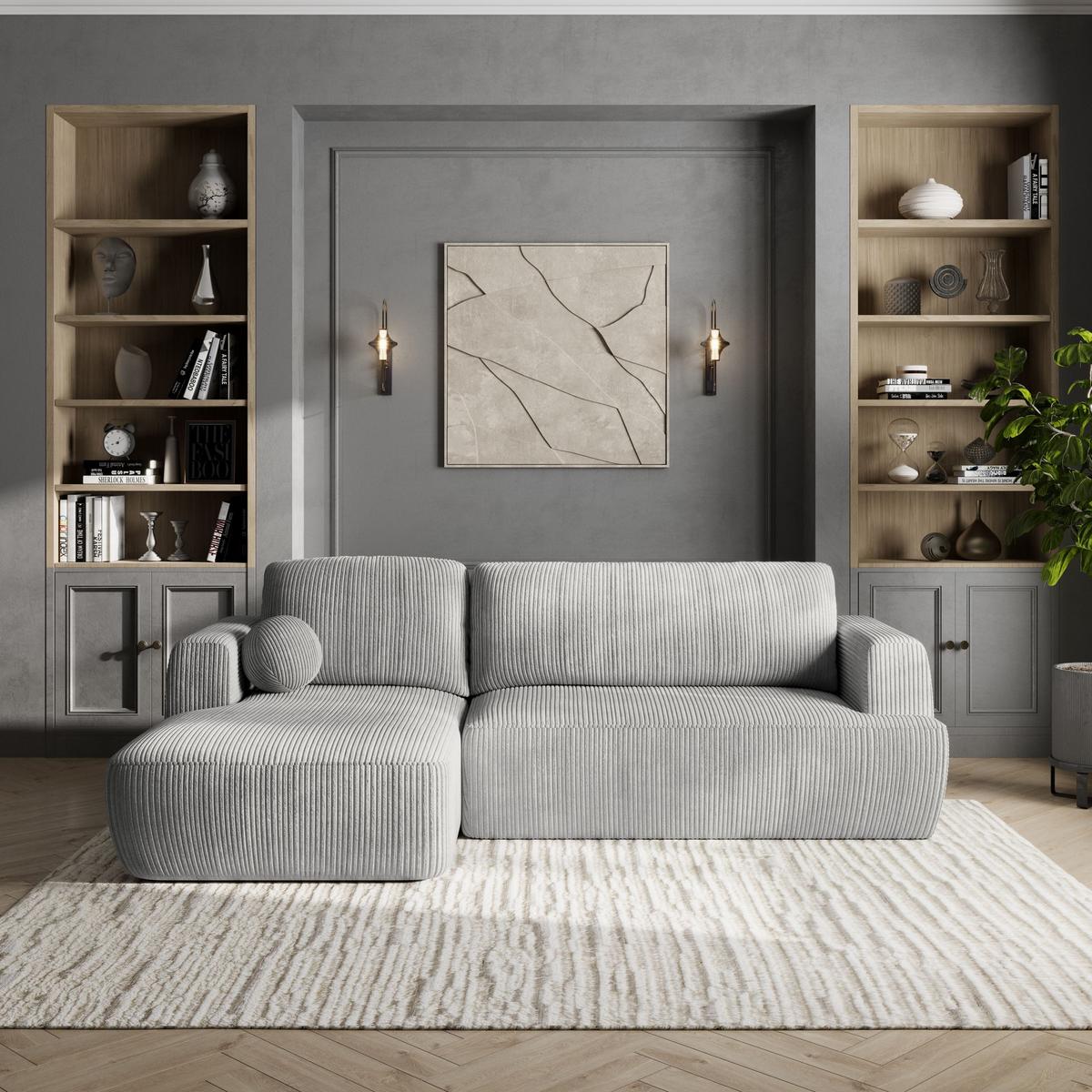 ECKSOFA SENTI P L-S Hellgrau Kordstoff mit Schlaffunktion - Hellgrau/Schwarz, Holz/Kunststoff (246/148cm) - MASSENO