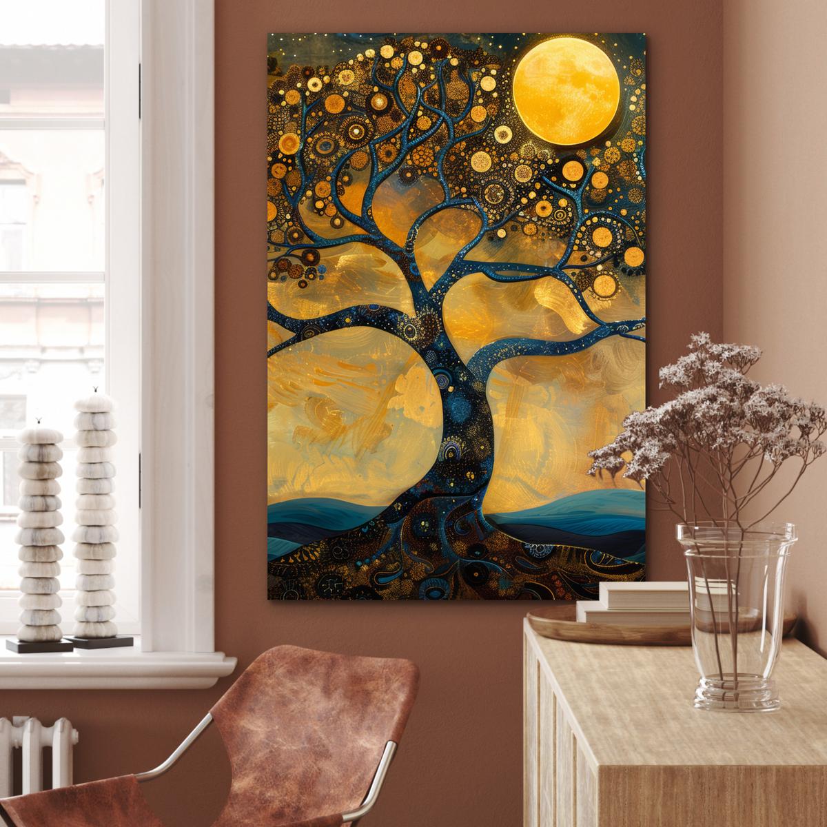 METALLBILD Baum - Mond - Blumen - Gold - Kunst 80x120 cm - Orange, Metall (80/120cm) - MuchoWow