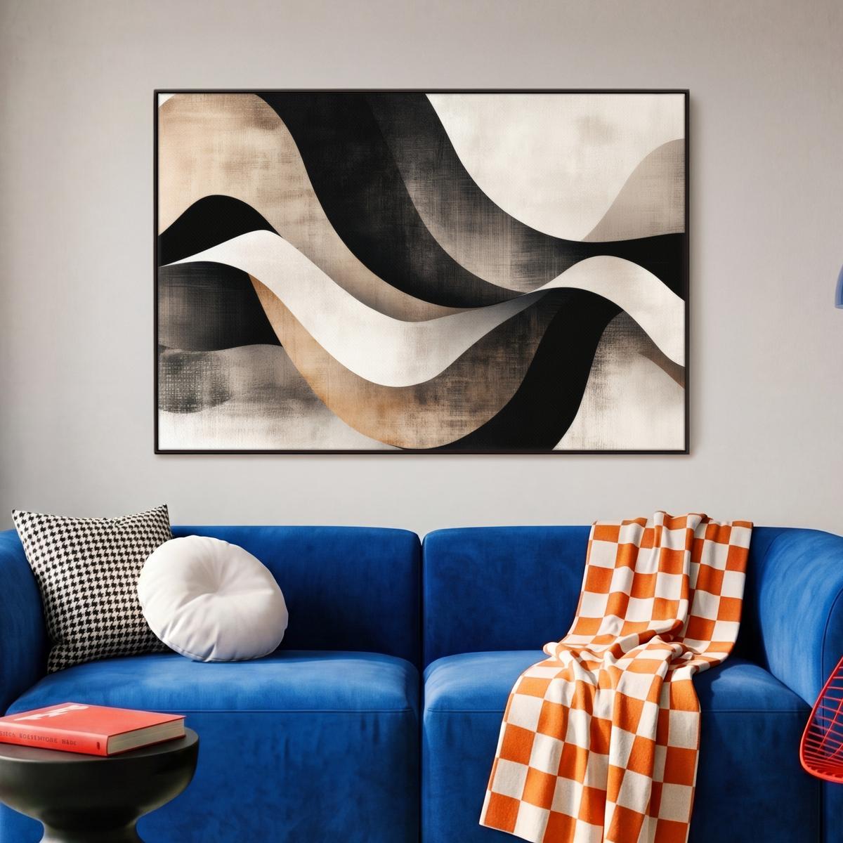 LEINWAND Bilder mit Rahmen - Abstrakt - Wellen - Schwarz - Verwittert - 90x60 - Trüffeleichefarben, Textil (90/60cm) - MuchoWow