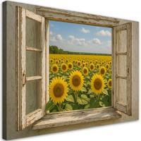 LEINWANDBILD Blick aus dem Fenster Sonnenblumenfeld Shabby Chic 60x40cm - Beige, Textil (60/40cm) - Feeby