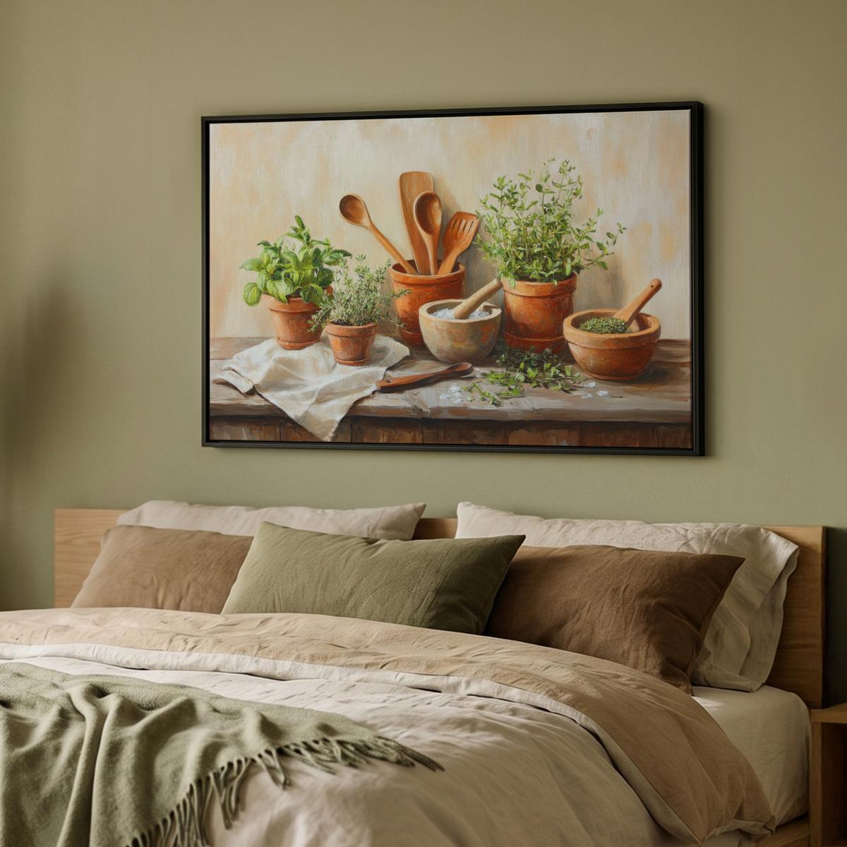 LEINWAND Bilder mit Rahmen - Töpfe - Kräuter - Holz - 90x60 - Terracotta, Textil (90/60cm) - MuchoWow