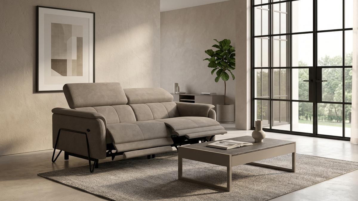 RELAXSOFA RODEN 3-Sitzer mit 2 Relax, beige, Veloursstoff - Beige, Holz/Textil (194/82/103cm) - Wozimo
