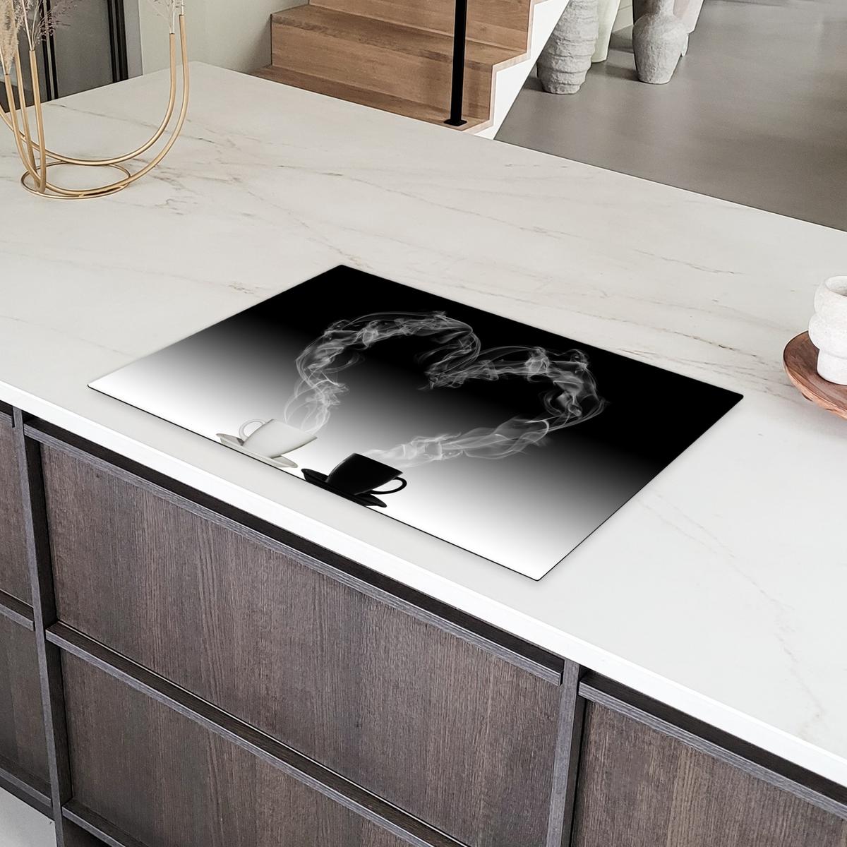 HERDABDECKPLATTE Kaffee - Herz - Schwarz und weiß - Tassen Induktionsschutz 80x52.2 cm - Weiß, Kunststoff (80.2/52.2/0.2cm) - MuchoWow